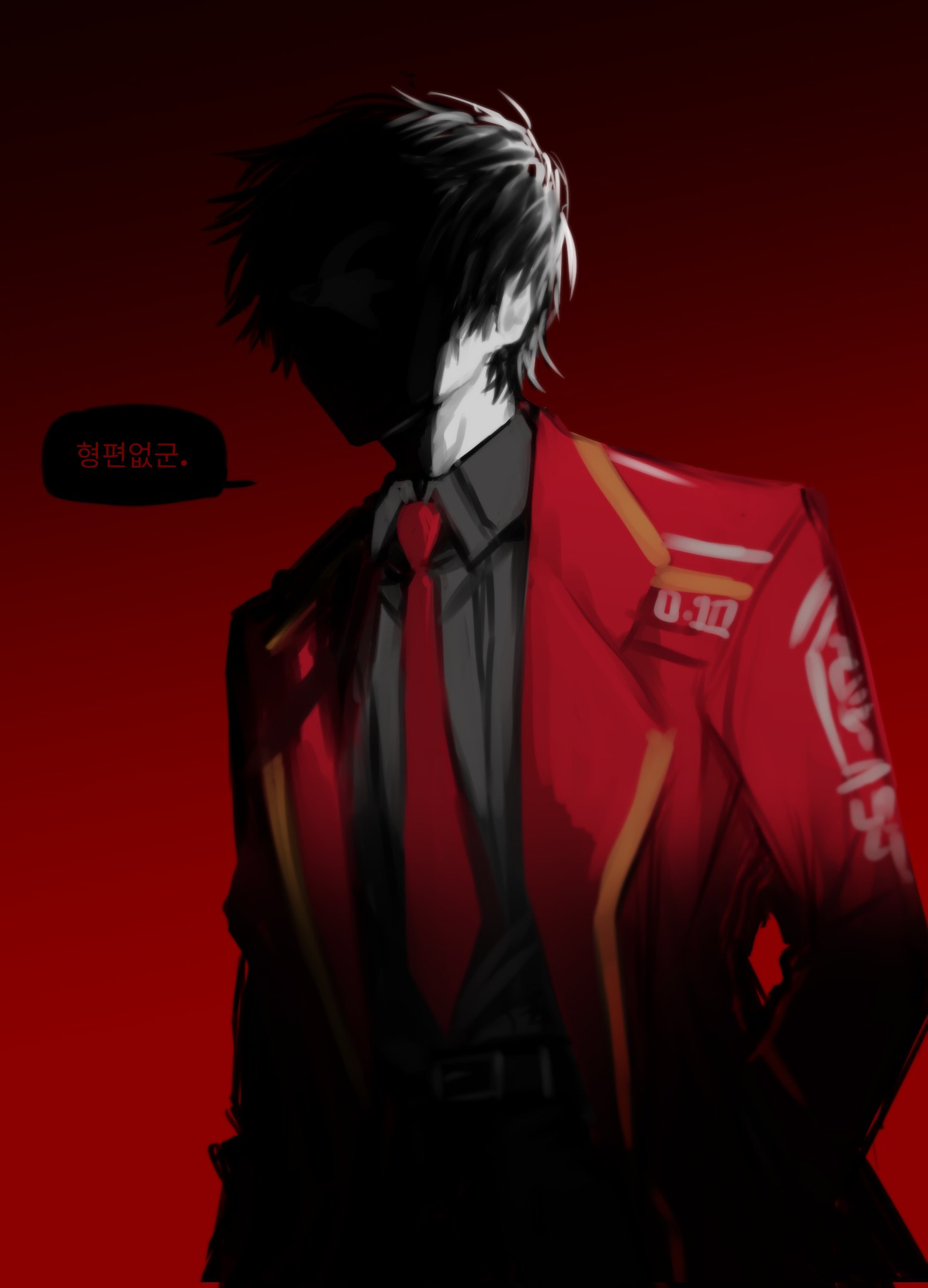 dante (limbus company), limbus company, project moon, highres, translation request, 1boy, black hair, black shirt, coat, collared shirt, face in shadow, faceless, korean text, necktie, open clothes, open coat, real pepper131, red coat, red necktie, shirt, short hair, solo, upper body