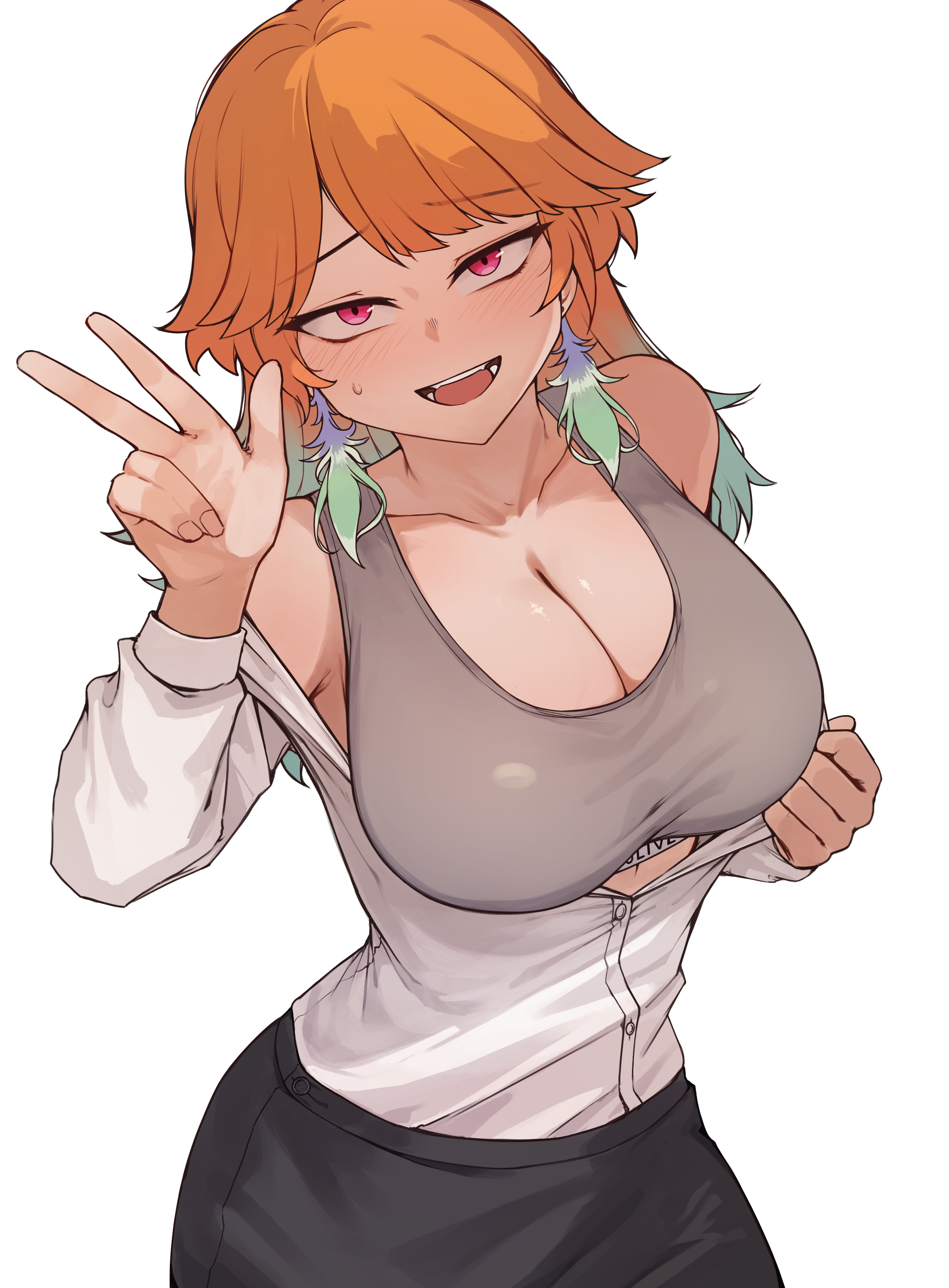 iver (reviolet), takanashi kiara, hololive, hololive english, absurdres, highres, 1girl, alternate costume, blush, breasts, buttons, cleavage, earrings, feather earrings, feathers, gradient hair, jewelry, like and retweet, long hair, looking at viewer, multicolored hair, open mouth, orange hair, solo, sports bra, sweatdrop, virtual youtuber, w