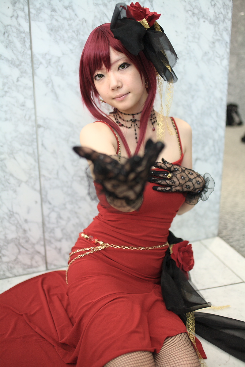 roberia maria della firenza, ibara, sound horizon, fishnet legwear, highres, photo (medium), cosplay, dress, fishnets, flower, gloves, hair ribbon, lace, ribbon