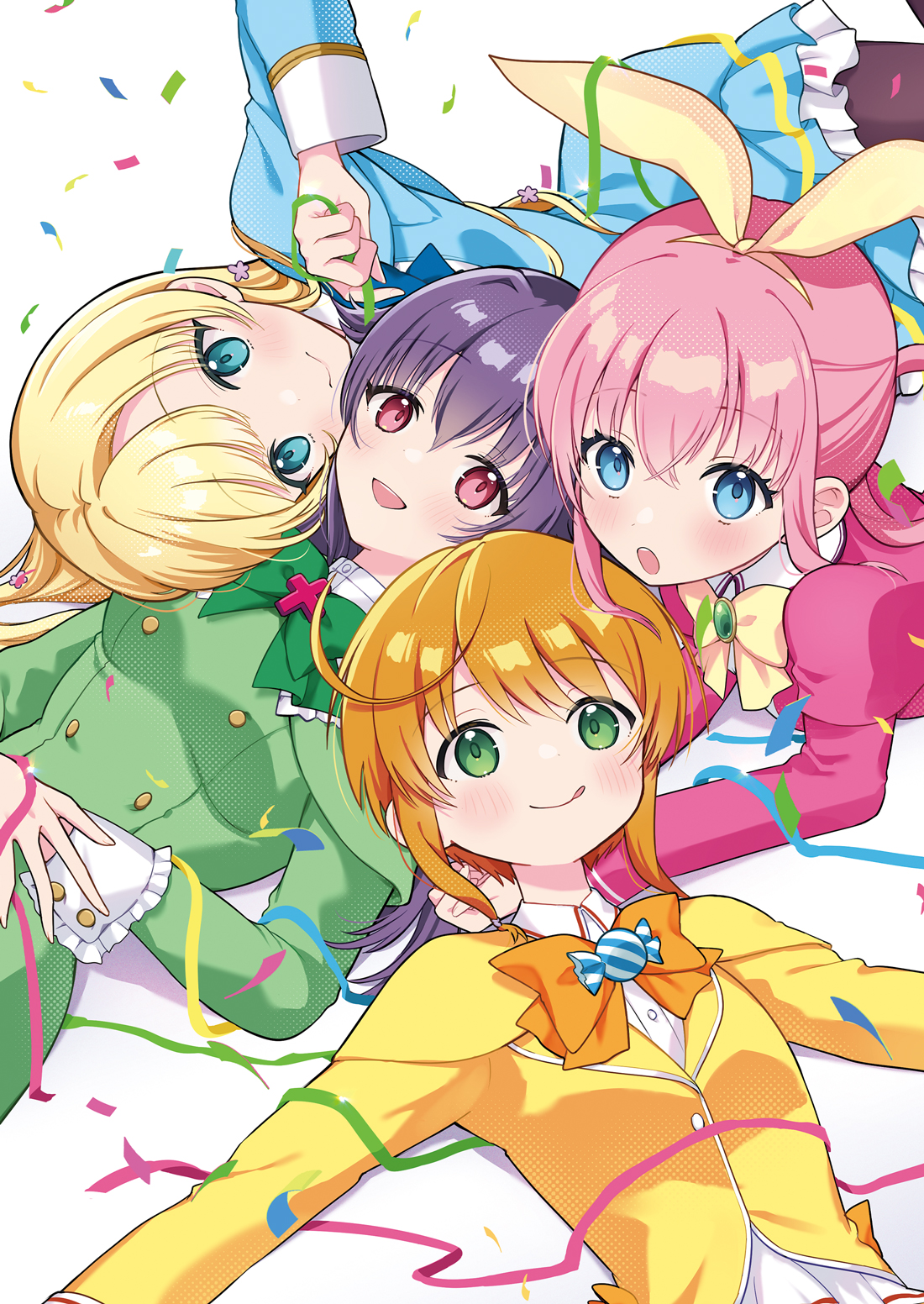 mugi (iccomae), cordelia glauca, hercule barton, sherlock shellingford, yuzurizaki nero, tantei opera milky holmes, commentary request, highres, 4girls, :d, :q, blonde hair, blue dress, blue eyes, blush, bow, breasts, brown pantyhose, capelet, closed mouth, collared shirt, confetti, dress, dress shirt, frilled dress, frills, green capelet, green dress, green eyes, hair ribbon, hair rings, hairband, jacket, lying, medium breasts, multiple girls, on back, open mouth, orange bow, orange hair, own hands together, pantyhose, pink dress, pink hair, purple hair, pussy juice, red eyes, ribbon, shirt, simple background, smile, streamers, tongue, tongue out, white background, white shirt, yellow hairband, yellow jacket, yellow ribbon