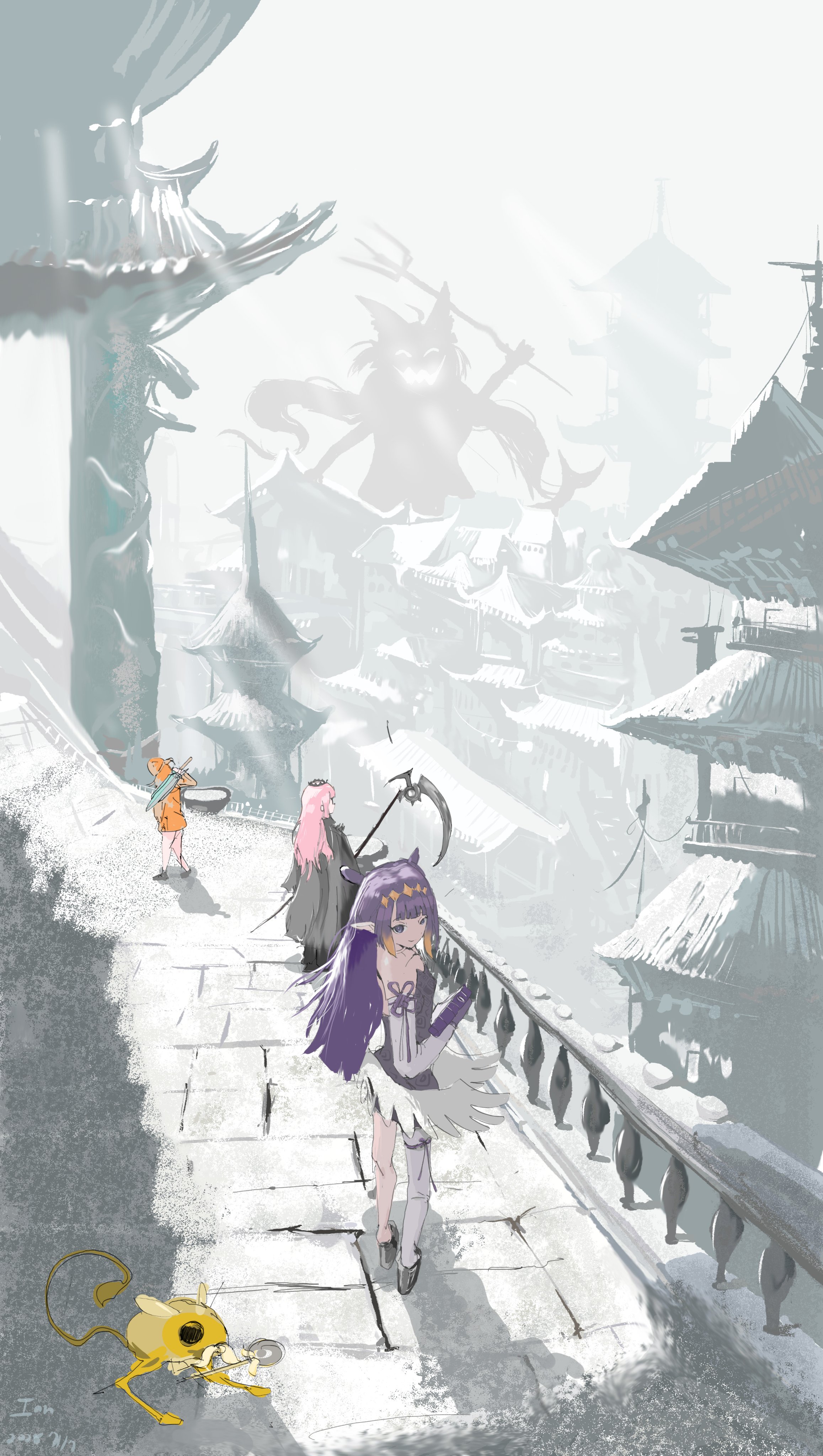 hungyn16526851, ao-chan (ninomae ina'nis), mori calliope, mori calliope (1st costume), ninomae ina'nis, ninomae ina'nis (1st costume), sameko saba, takanashi kiara, takanashi kiara (1st costume), hololive, hololive english, holomyth, indie virtual youtuber, absurdres, commentary, english commentary, highres, 4girls, :d, ^ ^, ahoge, animal ears, arm up, artist name, bad anatomy, bad face, black cape, black dress, black sandals, black tiara, book, cape, cat ears, cat girl, closed eyes, closed mouth, day, detached sleeves, diamond (shape), diamond hairband, dooby, dooby (jerboa), dress, evil smile, fake facial hair, fake mustache, feathered wings, floating hair, flower knot, full body, giant, giantess, hat, holding, holding book, holding magnifying glass, holding polearm, holding scythe, holding sword, holding weapon, jerboa, long hair, long sleeves, looking back, low twintails, low wings, magnifying glass, monochrome background, multiple girls, okobo, open mouth, orange hair, orange hat, over shoulder, pagoda, pantyhose, pink hair, platform sandals, pointy ears, polearm, purple eyes, purple hair, railing, sandals, scythe, shadow, short dress, sidelocks, silhouette, single bare leg, single leg pantyhose, sketch, smile, standing, straight hair, strapless, strapless dress, sunlight, sword, sword over shoulder, tentacle hair, tiara, trident, tube dress, twintails, very long hair, virtual youtuber, weapon, weapon over shoulder, white pantyhose, white sleeves, white wings, wide shot, wings