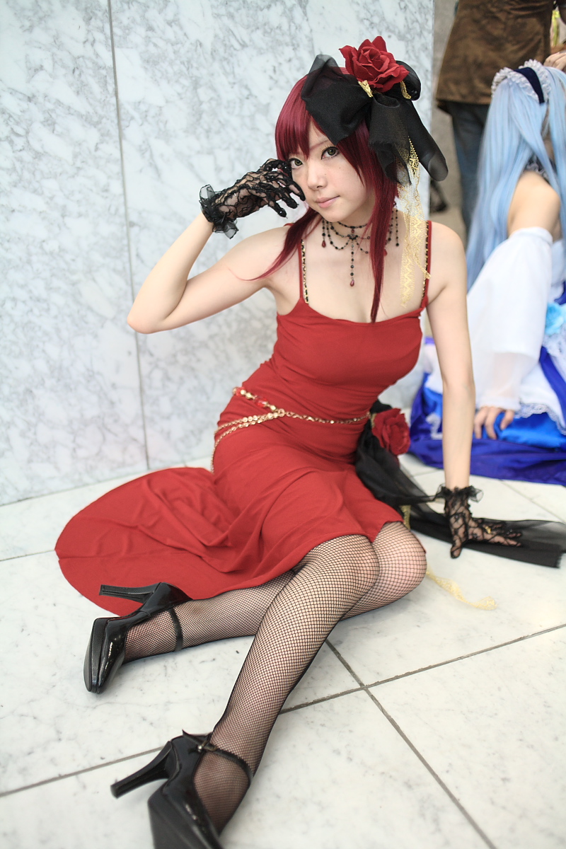 roberia maria della firenza, ibara, sound horizon, fishnet legwear, highres, photo (medium), cosplay, dress, fishnets, flower, gloves, hair ribbon, lace, mary janes, ribbon, shoes