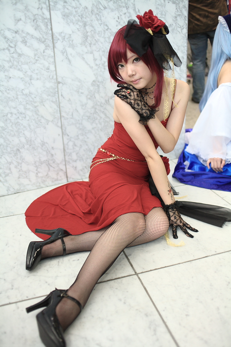 roberia maria della firenza, ibara, sound horizon, fishnet legwear, highres, photo (medium), cosplay, dress, fishnets, flower, gloves, hair ribbon, lace, mary janes, ribbon, shoes