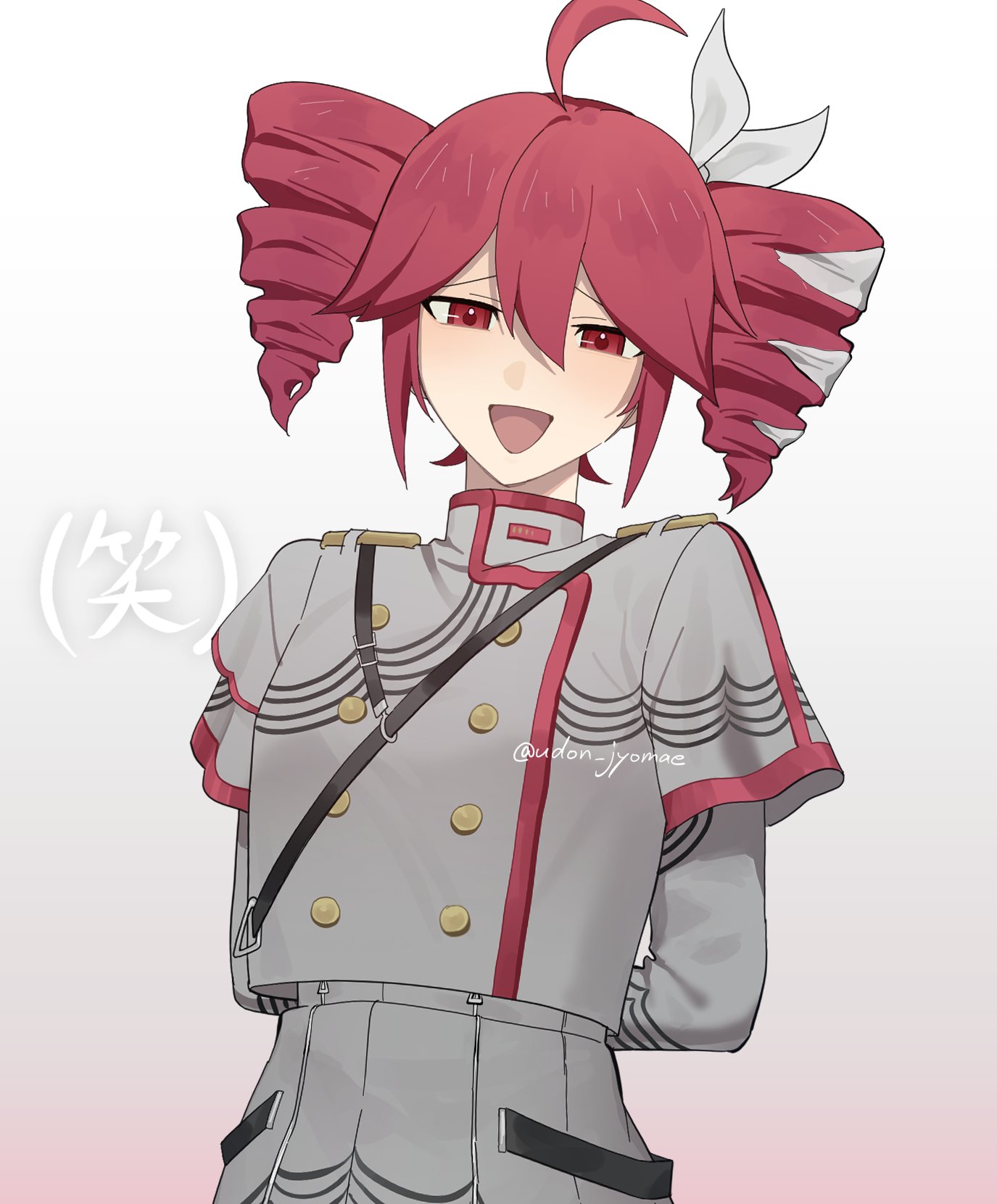 kasane teto, kasane teto (sv), synthesizer v, utau, highres, 1girl, ahoge, arms behind back, bow, buttons, double-breasted, drill hair, gradient background, grey jacket, grey skirt, hair between eyes, hair bow, hair ribbon, jacket, laughing, light blush, long sleeves, looking at viewer, open mouth, pleated skirt, red eyes, red hair, ribbon, shoulder belt, simple background, skirt, solo, twin drills, twitter username, udon jyomae, white bow, white ribbon