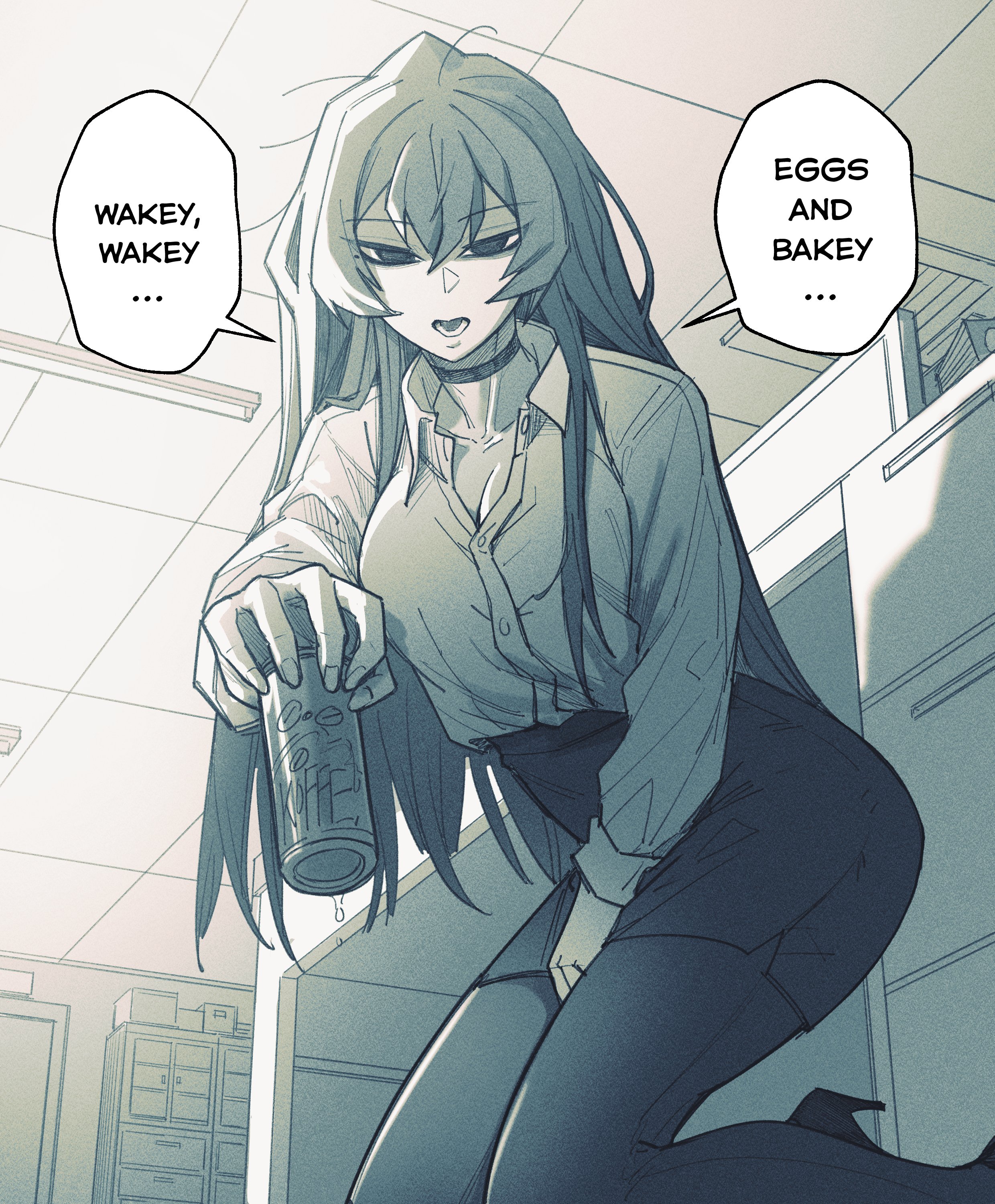 senukin, original, absurdres, commentary, english commentary, highres, 1girl, breasts, can, cleavage, collarbone, collared shirt, double-parted bangs, drink can, english text, greyscale, hair between eyes, holding, holding can, indoors, large breasts, long hair, long sleeves, looking at viewer, monochrome, office lady, open mouth, pantyhose, pencil skirt, shirt, skirt, solo, speech bubble