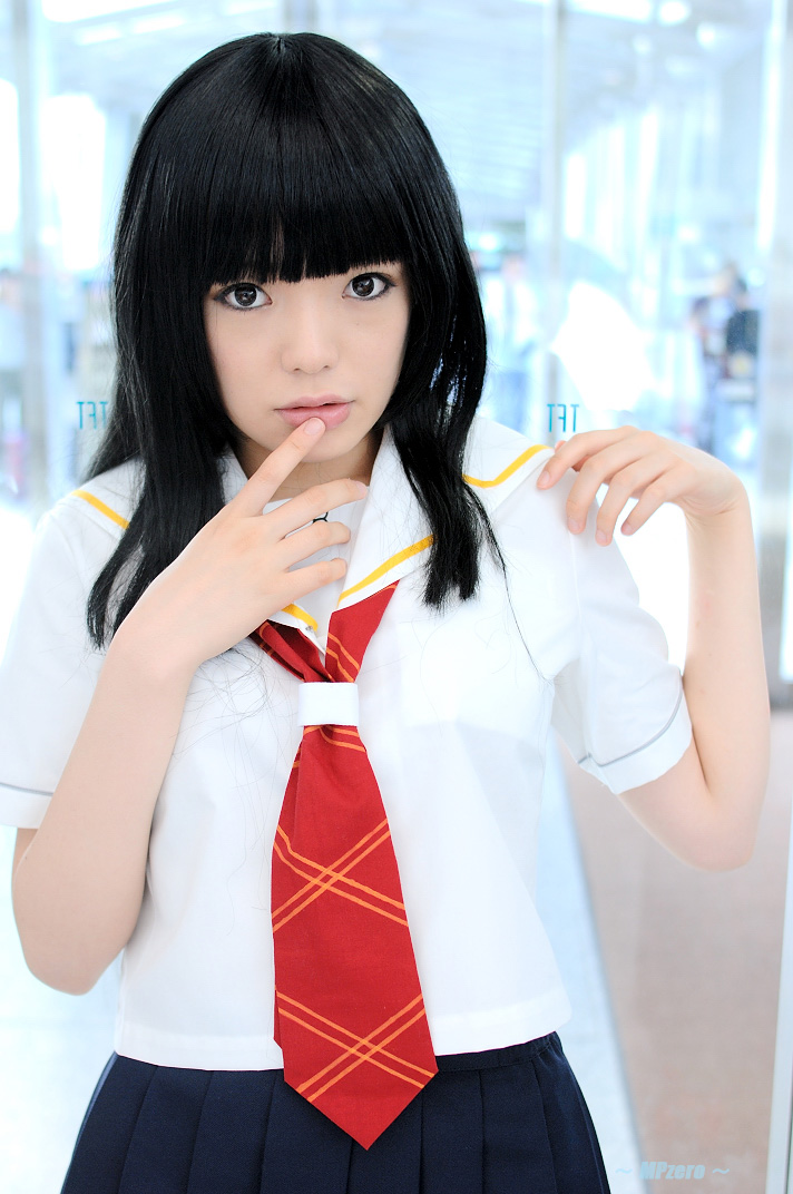 namada, futami eriko, kimi kiss, photo (medium), 1girl, asian, black hair, blunt bangs, blurry, blurry background, breasts, cosplay, depth of field, eyeliner, female focus, futami eriko (cosplay), indoors, long hair, looking at viewer, makeup, pleated skirt, school uniform, serafuku, skirt, small breasts, solo, standing