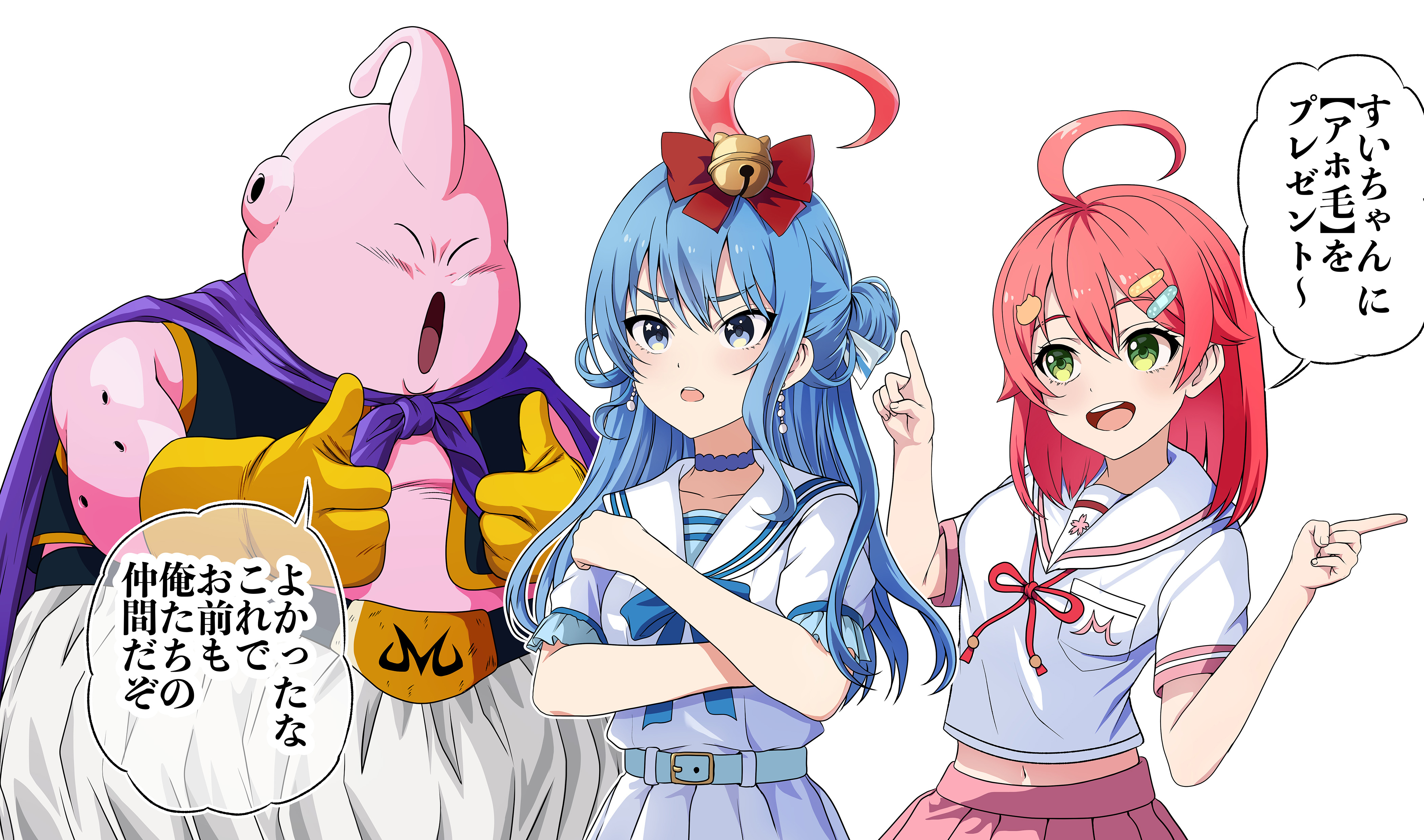 konbanwa01, hoshimachi suisei, hoshimachi suisei (sailor), majin buu, sakura miko, sakura miko (school uniform), dragon ball, hololive, absurdres, highres, translated, ahoge, bandaid, bandaid hair ornament, blue choker, choker, crossover, hair ornament, midriff peek, pink hair, pink skirt, school uniform, serafuku, skirt, star (symbol), star in eye, symbol in eye, virtual youtuber, white serafuku