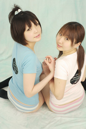 miasa, namada, black legwear, photo (medium), 2girls, asian, black hair, brown eyes, brown hair, clothes writing, color contacts, indoors, long hair, looking at viewer, looking back, multiple girls, no shoes, panties, shirt, short hair, simple background, sitting, striped clothes, striped panties, t-shirt, thighhighs, twintails, underwear