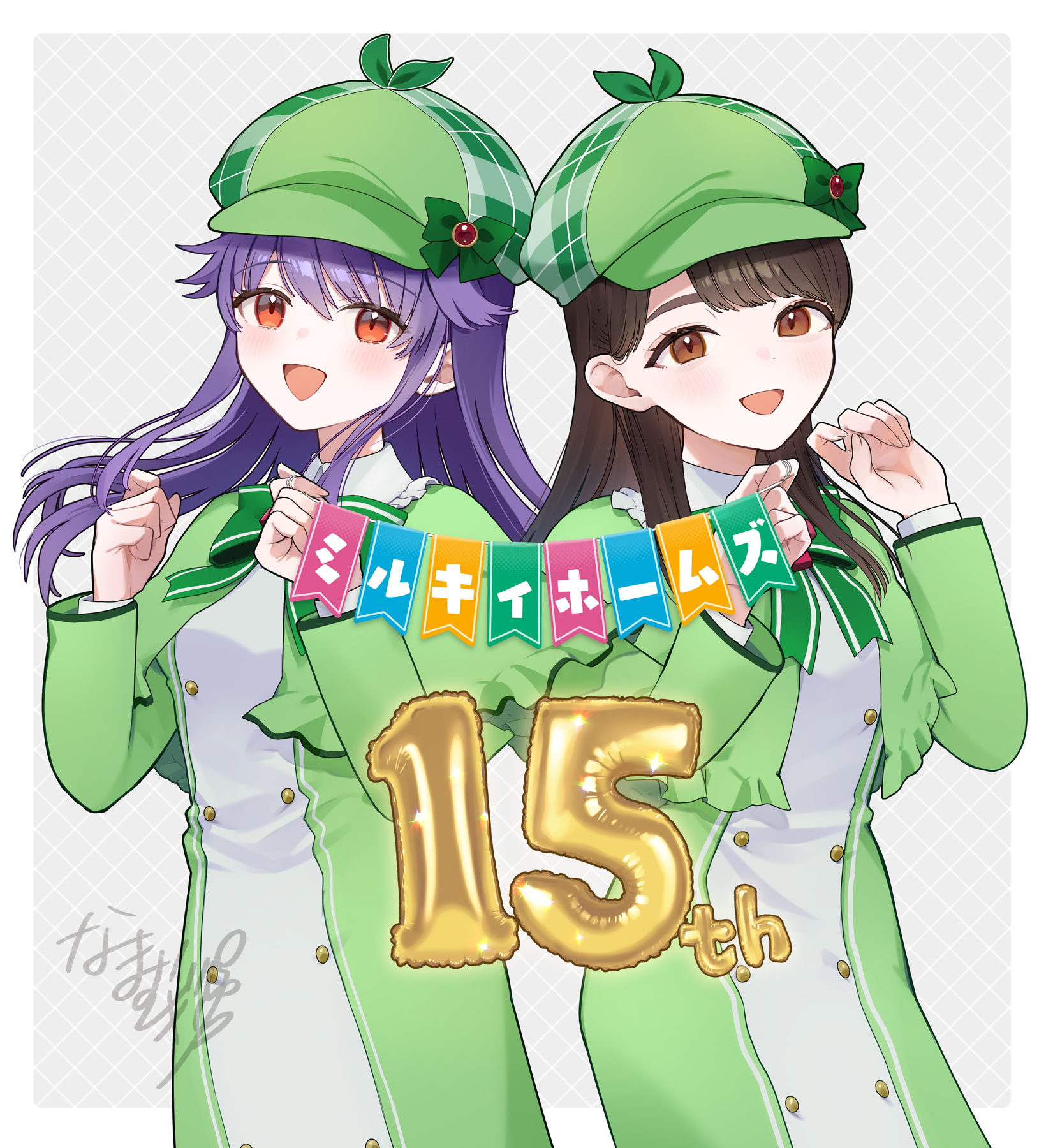 mugi (iccomae), hercule barton, sasaki mikoi, tantei opera milky holmes, commentary request, highres, 2girls, :d, anniversary, border, bow, brown eyes, brown hair, capelet, dress, green bow, green capelet, green dress, green hat, grey background, hands up, hat, long hair, long sleeves, looking at viewer, multiple girls, newsboy cap, open mouth, plaid hat, purple hair, red eyes, signature, smile, striped bow, voice actor, white border