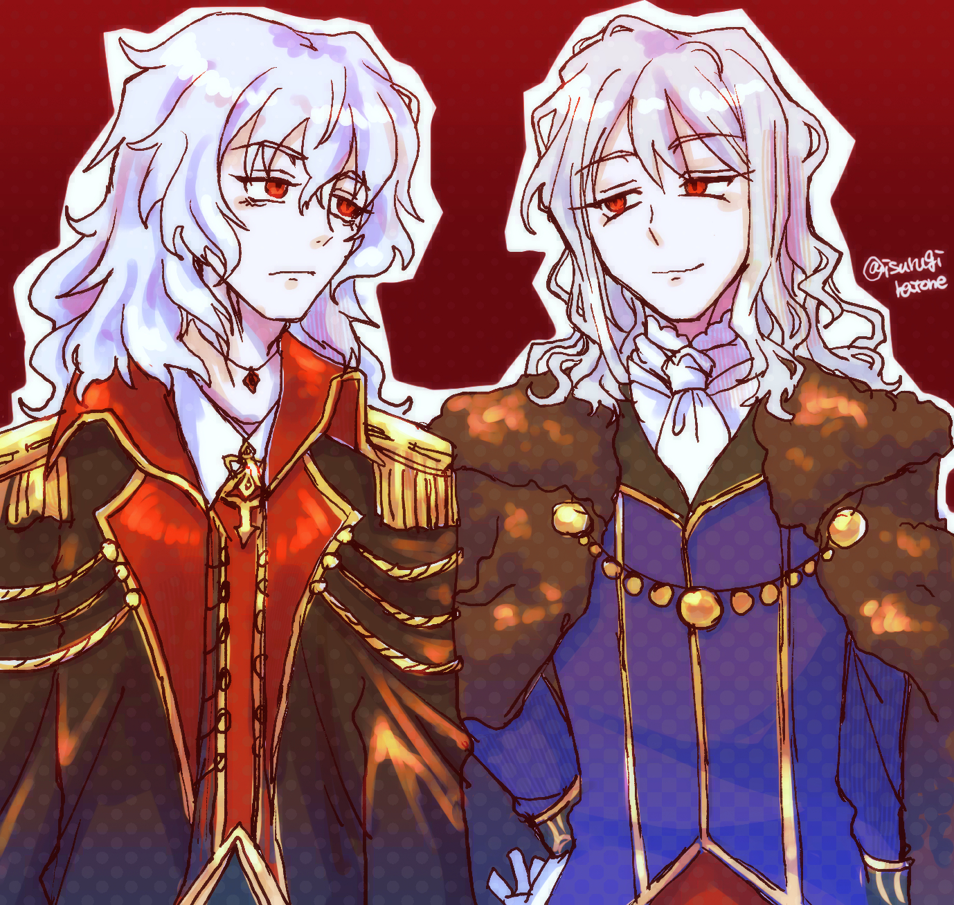 isurugiratone, vlov arkhangel, limbus company, project moon, tsukihime, tsukihime (remake), highres, 2boys, ascot, coat, cosplay, costume switch, formal clothes, fur coat, gloves, hair between eyes, hand on own hip, jewelry, la manchaland's don quixote (project moon), la manchaland's don quixote (project moon) (cosplay), long hair, look-alike, looking at another, male focus, multiple boys, necklace, red eyes, smile, vlov arkhangel(cosplay), white gloves, white hair