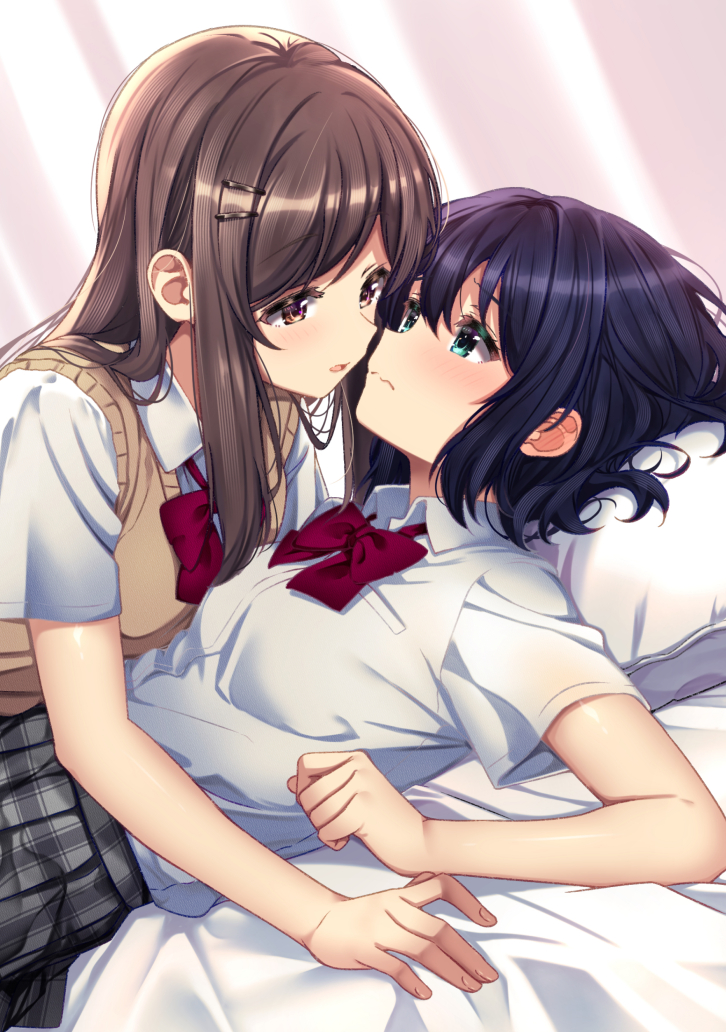 mad (hazukiken), adachi sakura, shimamura hougetsu, adachi to shimamura, 2girls, blue eyes, blue hair, blush, bow, brown hair, closed mouth, collared shirt, eye contact, hair ornament, hairclip, head on pillow, imminent kiss, long hair, looking at another, lying, multiple girls, on back, open mouth, parted lips, pillow, plaid clothes, plaid skirt, purple eyes, red bow, school uniform, shirt, skirt, sweater vest, wavy mouth, white shirt, yuri