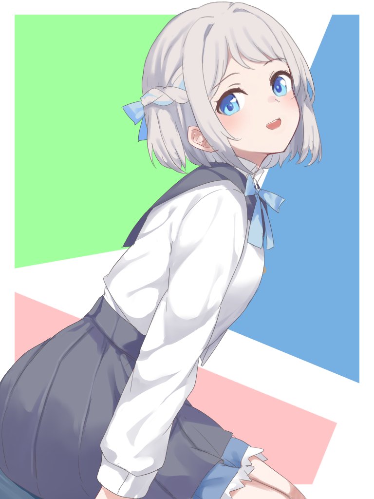 soyo1558686, katsuragi lilja, gakuen idolmaster, idolmaster, commentary, 1girl, :d, black skirt, blue background, blue eyes, blue ribbon, blue skirt, braid, collared shirt, frilled skirt, frills, green background, grey hair, hair intakes, hair ribbon, half up braid, hatsuboshi gakuen school uniform, jacket, long sleeves, miniskirt, multicolored hair, neck ribbon, open mouth, overskirt, pink background, pleated skirt, ribbon, school uniform, shirt, short hair, sitting, skirt, smile, solo, streaked hair, white jacket, white shirt