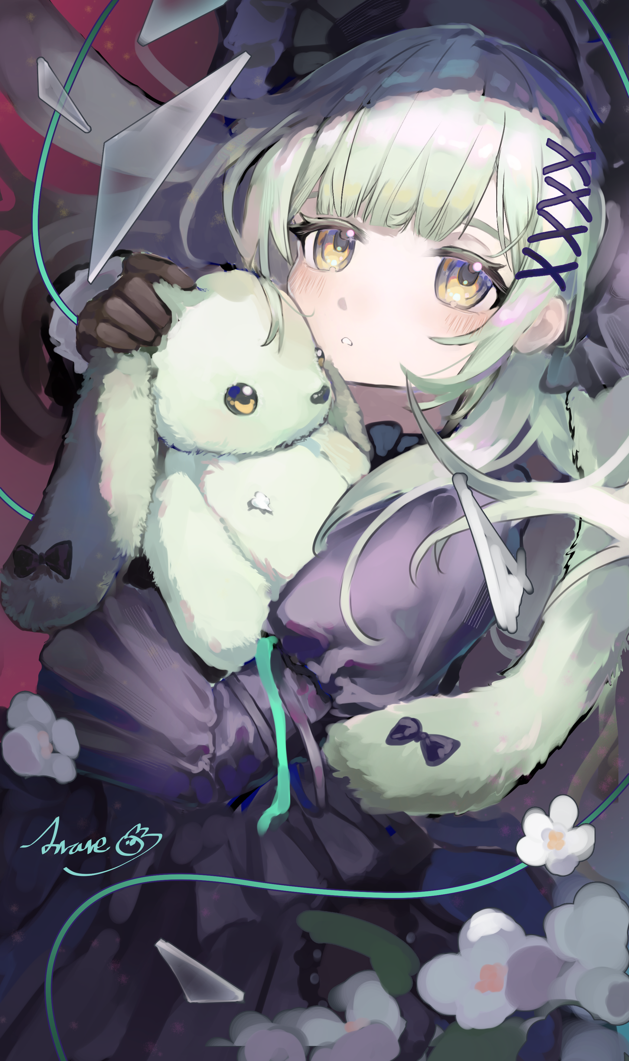 anare, wakaba mutsumi, arknights, bang dream!, bang dream! it's mygo!!!!!, absurdres, chinese commentary, commentary request, highres, 1girl, animal ears, black bonnet, black bow, black dress, bonnet, bow, dress, ear bow, floppy ears, flower, glass shards, gothic lolita, green hair, hair ornament, holding, holding stuffed toy, lolita fashion, long hair, long sleeves, looking at viewer, parted lips, rabbit ears, rabbit girl, sidelocks, signature, solo, stuffed animal, stuffed rabbit, stuffed toy, wakaba mutsumi (marionette's id), white flower, x hair ornament, yellow eyes