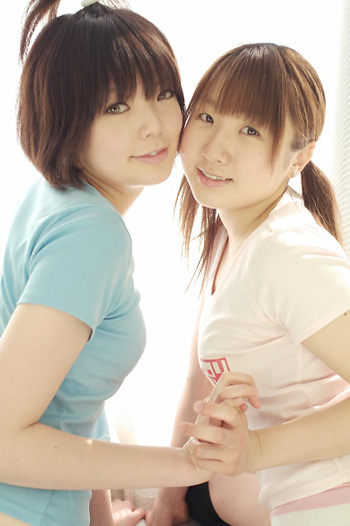 miasa, namada, black legwear, photo (medium), translated, 2girls, asian, black hair, brown eyes, brown hair, clothes writing, color contacts, indoors, long hair, looking at viewer, multiple girls, panties, shirt, short hair, striped clothes, striped panties, t-shirt, thighhighs, twintails, underwear