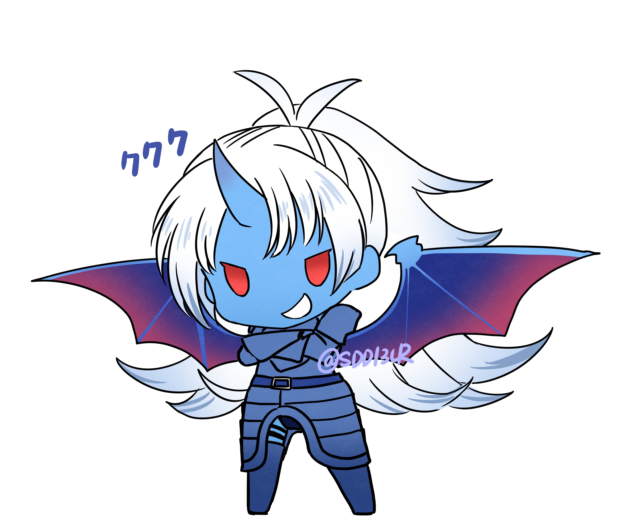 sdd13lr, atoferatofe rybak, mushoku tensei, highres, armor, bat wings, blue skin, chibi, colored skin, crossed arms, evil smile, horns, long hair, red eyes, single horn, smile, white hair, wings