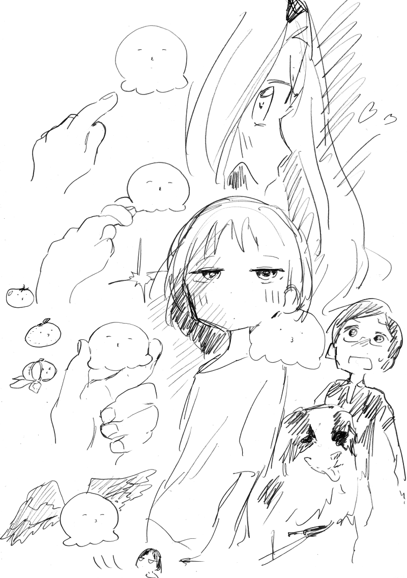 azuma naoki, chappy (takopii no genzai), kirarazaka marina, kuze shizuka, takopii, takopii no genzai, official art, ^3^, black eyes, black hair, black shirt, blonde hair, blush, expressionless, food, fruit, glasses, heart, heart-shaped pupils, mandarin orange, monochrome, octopus, shirt, symbol-shaped pupils, taizan5, white background, white shirt