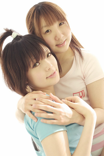 miasa, namada, photo (medium), translated, 2girls, asian, black hair, brown eyes, brown hair, clothes writing, color contacts, indoors, long hair, looking at viewer, multiple girls, panties, shirt, short hair, striped clothes, striped panties, t-shirt, twintails, underwear
