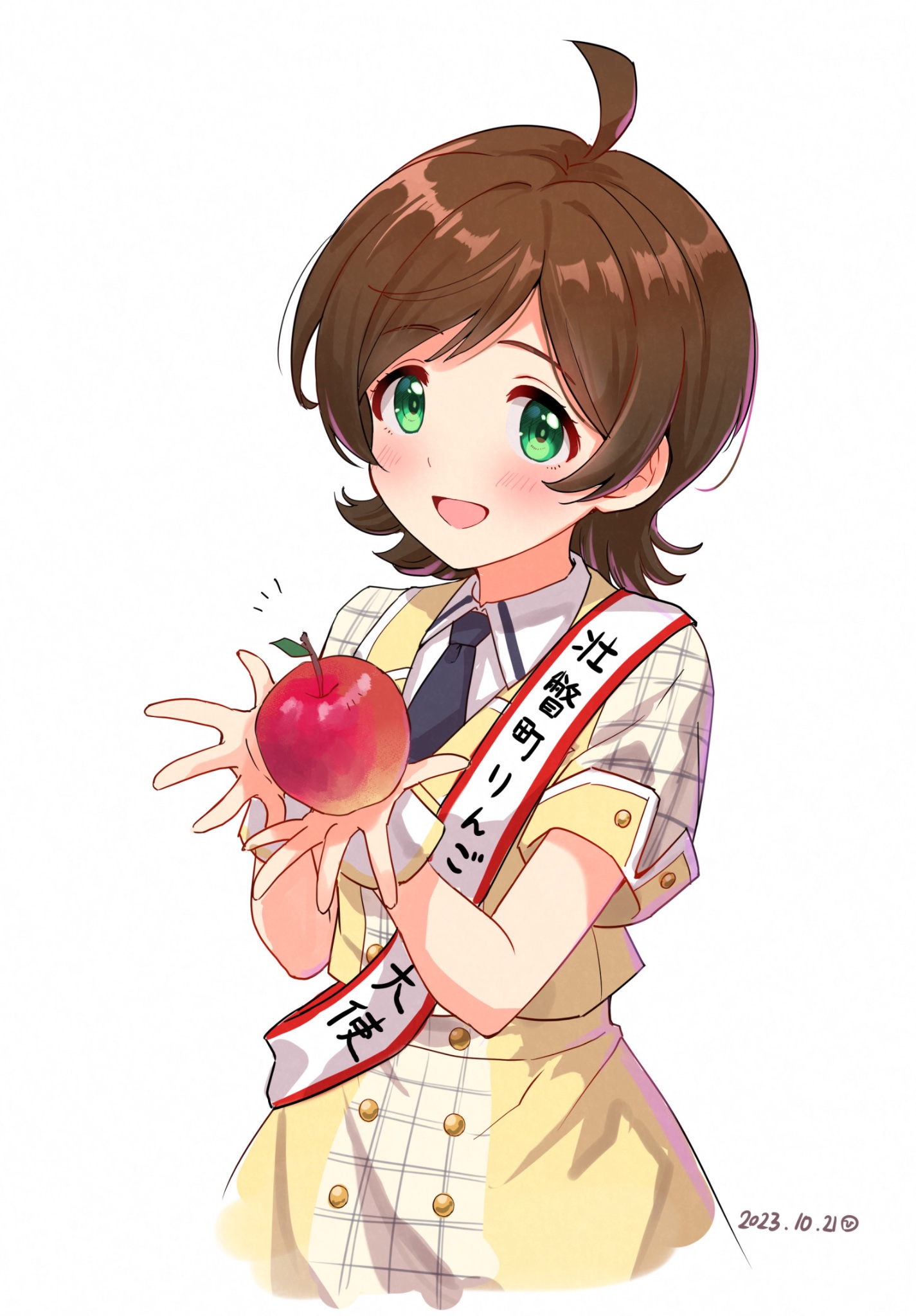 damokan66, kinoshita hinata, idolmaster, idolmaster million live!, highres, 1girl, ahoge, apple, blush, brown hair, collared shirt, food, fruit, green eyes, looking at viewer, necktie, open mouth, shirt, short hair, short sleeves, smile, solo, striped background, striped clothes, striped shirt, upper body