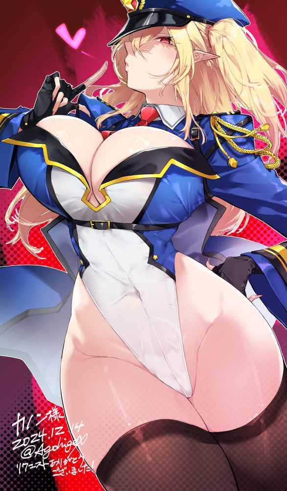 agohige x, numako (pizza kanon), phantasy star, phantasy star online 2, commentary request, commission, second-party source, skeb commission, 1girl, black gloves, black thighhighs, blonde hair, blue hat, blush, breasts, cleavage, commissioner name, covered navel, dated, fingerless gloves, gloves, hand on own hip, hat, heart, highleg, highleg leotard, large breasts, leotard, long hair, looking at viewer, necktie, parted lips, pointy ears, red eyes, red necktie, solo, thank you, thighhighs, thighs, twitter username, two side up, white leotard