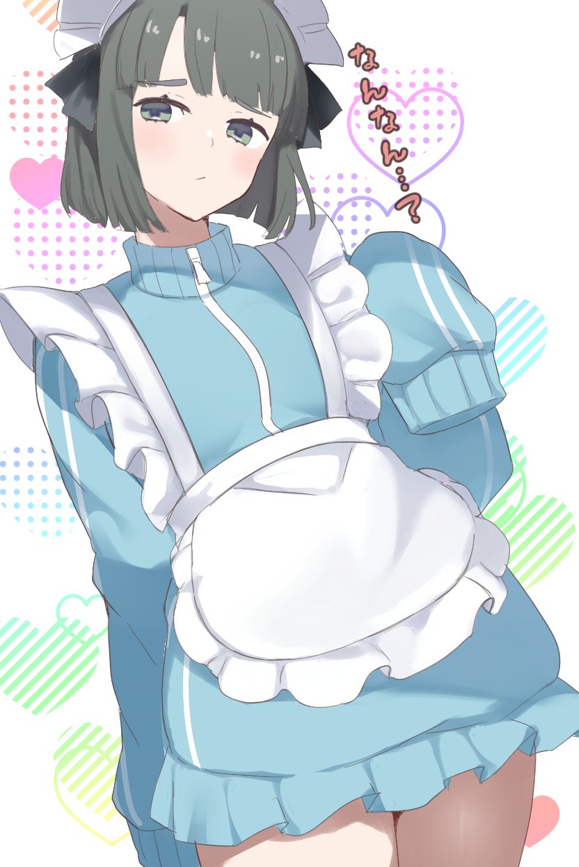 soyo1558686, momose ginko, link! like! love live!, love live!, commentary request, highres, 1girl, :/, alternate costume, apron, black hair, blue dress, closed mouth, cowboy shot, dress, frilled apron, frilled dress, frills, heart, heart background, jersey maid, long sleeves, looking at viewer, maid, maid headdress, rainbow background, short dress, sleeves past fingers, sleeves past wrists, solo, standing, unconventional maid, virtual youtuber, waist apron