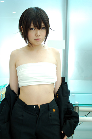namada, inuzuka koushi, sumomomo momomo, photo (medium), 1girl, androgynous, asian, breast bind, breasts, brown eyes, brown hair, chest wrap, cosplay, crossdressing, crossdressing (ftm), female focus, gakuran, inuzuka koushi (cosplay), jacket, looking at viewer, midriff, mole, no shirt, off shoulder, open fly, open pants, pants, reverse trap, sarashi, school uniform, short hair, small breasts, solo, undressing