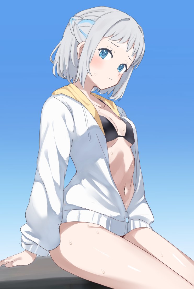 soyo1558686, katsuragi lilja, gakuen idolmaster, idolmaster, commentary, 1girl, :/, bikini, black bikini, blue background, blue eyes, braid, breasts, closed mouth, collarbone, cowboy shot, grey hair, hair intakes, half up braid, hood, hooded jacket, jacket, jacket over swimsuit, kimi to semi blue (idolmaster), long sleeves, medium breasts, multicolored hair, navel, short hair, sidelocks, sitting, solo, stomach, streaked hair, swimsuit, white jacket