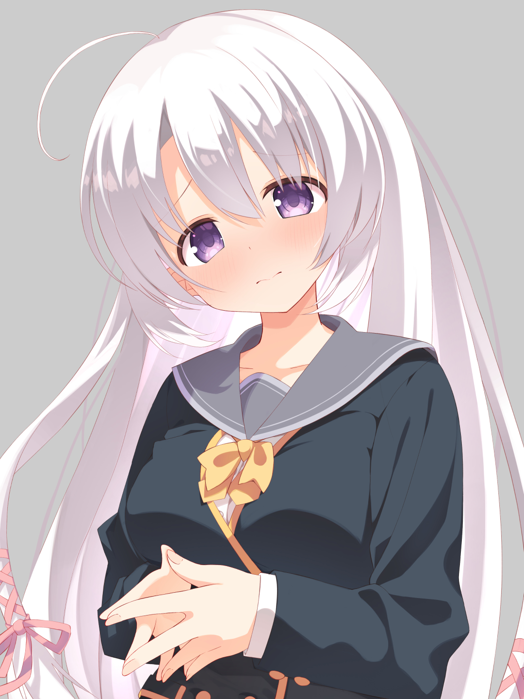 minase kaya, ayachi nene, sanoba witch, commentary, highres, 1girl, 3:, ahoge, black jacket, blush, bow, bowtie, closed mouth, collarbone, embarrassed, fidgeting, fingernails, furrowed brow, grey background, grey hair, grey sailor collar, hair between eyes, hair ribbon, jacket, long hair, long sleeves, looking at viewer, own hands together, pink ribbon, purple eyes, purple pupils, ribbon, sailor collar, school uniform, serafuku, simple background, solo, split mouth, steepled fingers, straight hair, tareme, very long hair, yellow bow, yellow bowtie