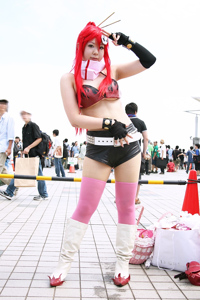 yoko littner, tengen toppa gurren lagann, highres, photo (medium), bikini, bikini top only, breasts, chopsticks, cosplay, gloves, red hair, shorts, swimsuit, thighhighs, underboob