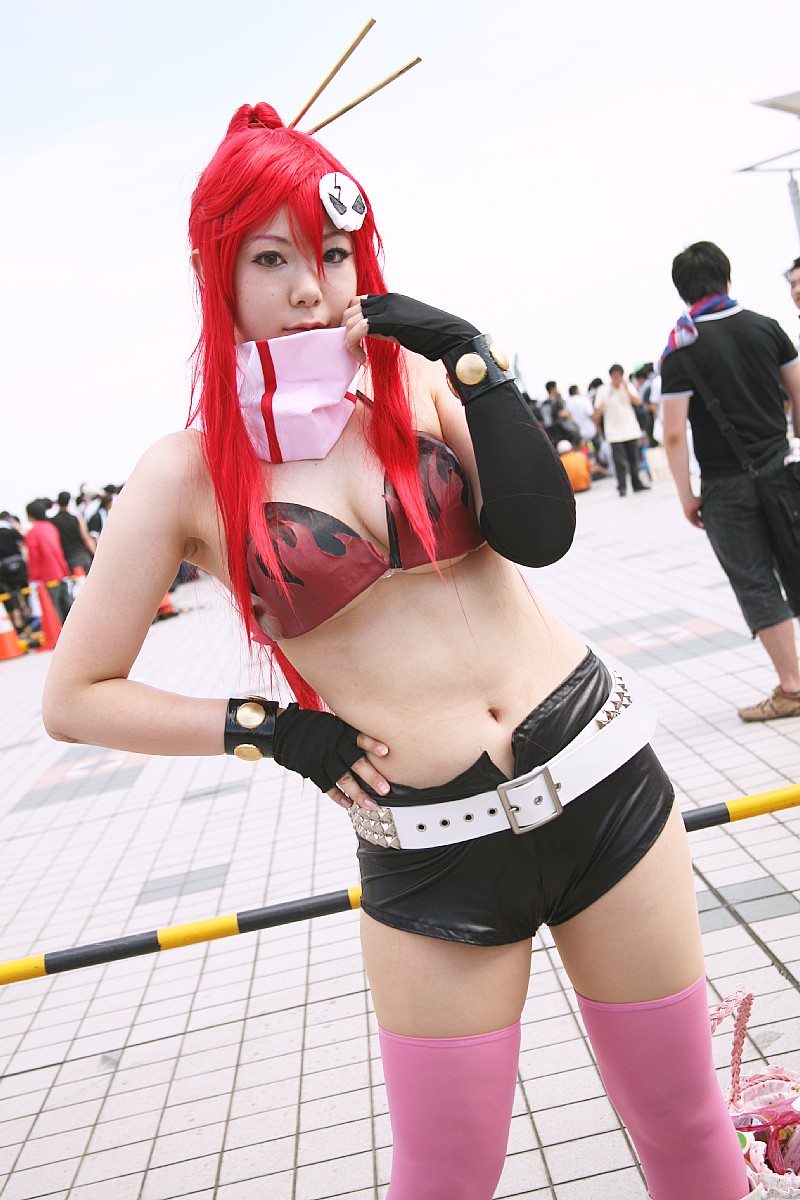 yoko littner, tengen toppa gurren lagann, highres, photo (medium), bikini, bikini top only, breasts, chopsticks, cosplay, gloves, red hair, shorts, swimsuit, thighhighs, underboob