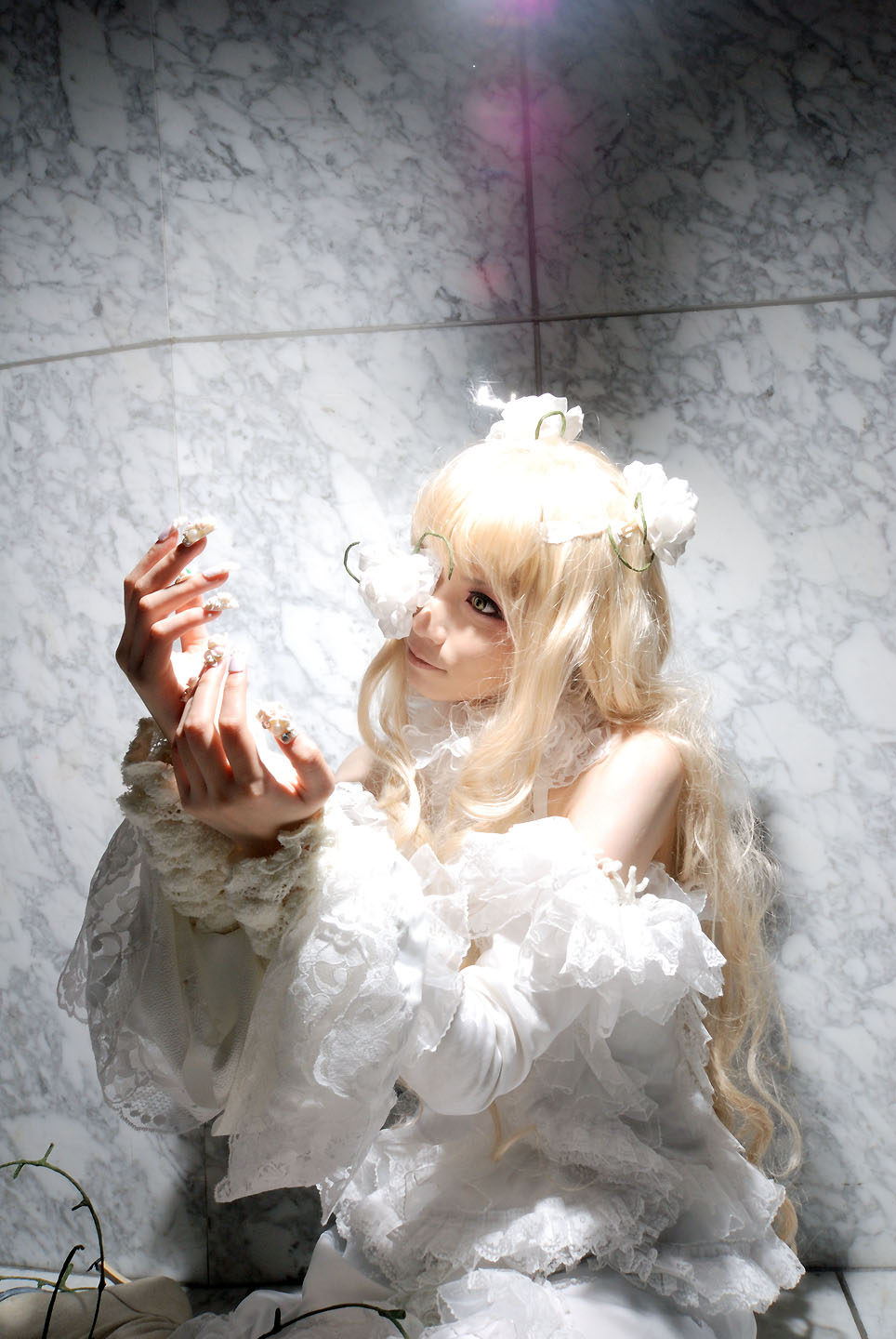 houtou singi (model), kirakishou, rozen maiden, highres, photo (medium), blonde hair, boots, cosplay, dress, eyepatch, flower, frills