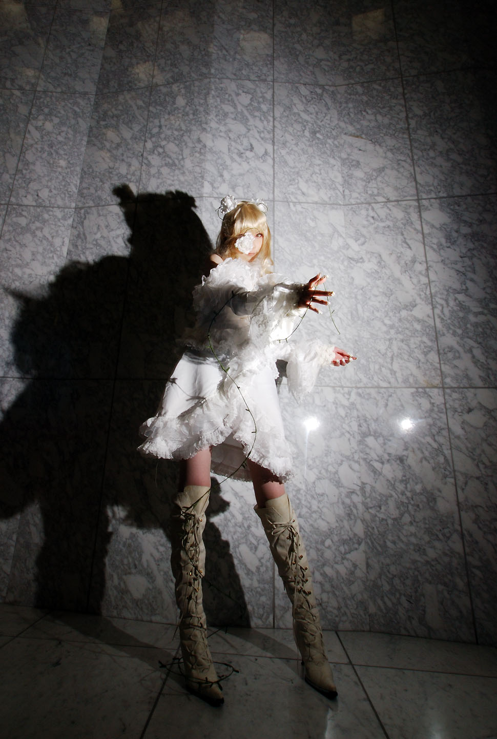 houtou singi (model), kirakishou, rozen maiden, highres, photo (medium), blonde hair, boots, cosplay, dress, eyepatch, flower, frills