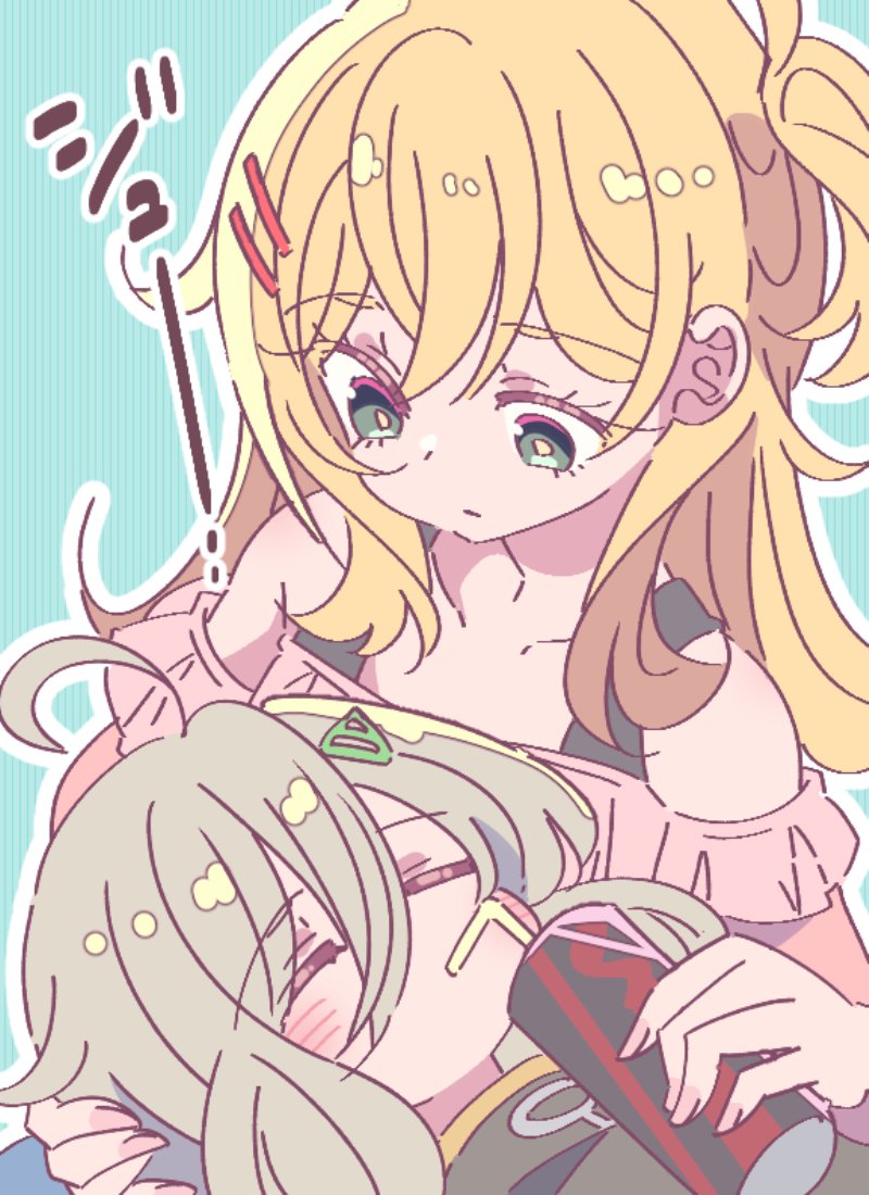 honkawa works, higa tsutsuji, hoshi nana, hibi wa sugiredo meshi umashi, 1girl, ahoge, blonde hair, closed eyes, drinking straw, energy drink, feeding, green eyes, green hair, hair ornament, long hair, looking at another, lying on lap, off shoulder, one side up, outline, triangle hair ornament, white outline