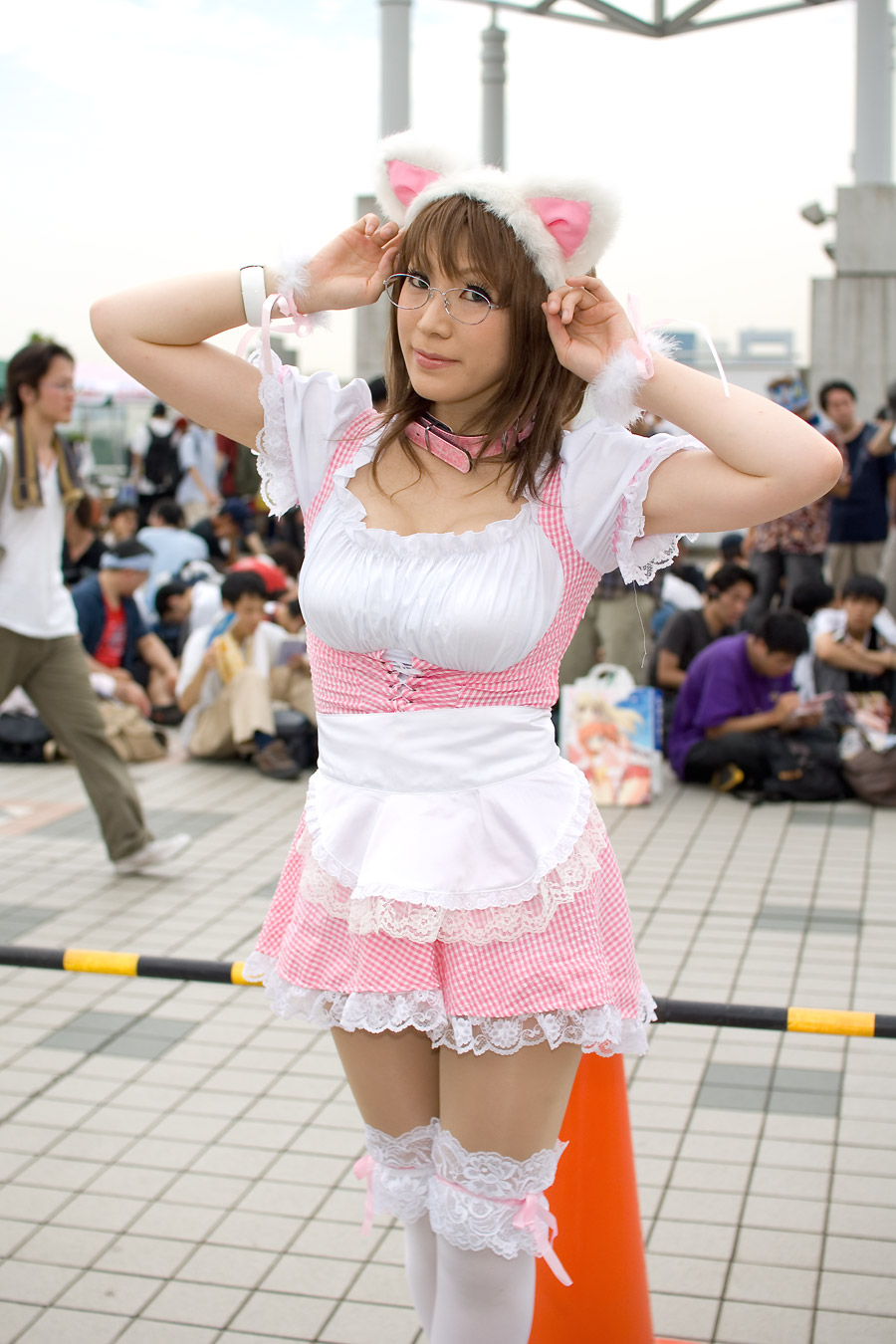 igarashi nao (model), character request, highres, photo (medium), source request, animal ears, apron, cat ears, collar, cosplay, glasses, thighhighs, waitress
