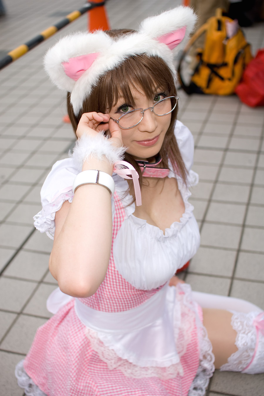 igarashi nao (model), character request, highres, photo (medium), source request, animal ears, apron, cat ears, collar, cosplay, glasses, thighhighs, waitress