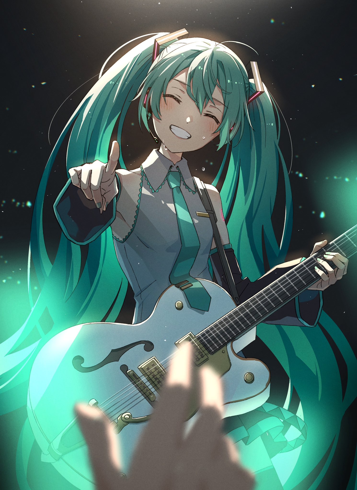 mele ck, hatsune miku, vocaloid, commentary request, highres, 1girl, 1other, ^ ^, aqua hair, aqua nails, aqua necktie, arm tattoo, bass guitar, black skirt, black sleeves, blurry, blush, closed eyes, collared shirt, depth of field, detached sleeves, fingernails, grey shirt, grin, instrument, long sleeves, nail polish, necktie, number tattoo, pleated skirt, shirt, skirt, sleeveless, sleeveless shirt, smile, solo focus, tattoo, teeth, tie clip, twintails