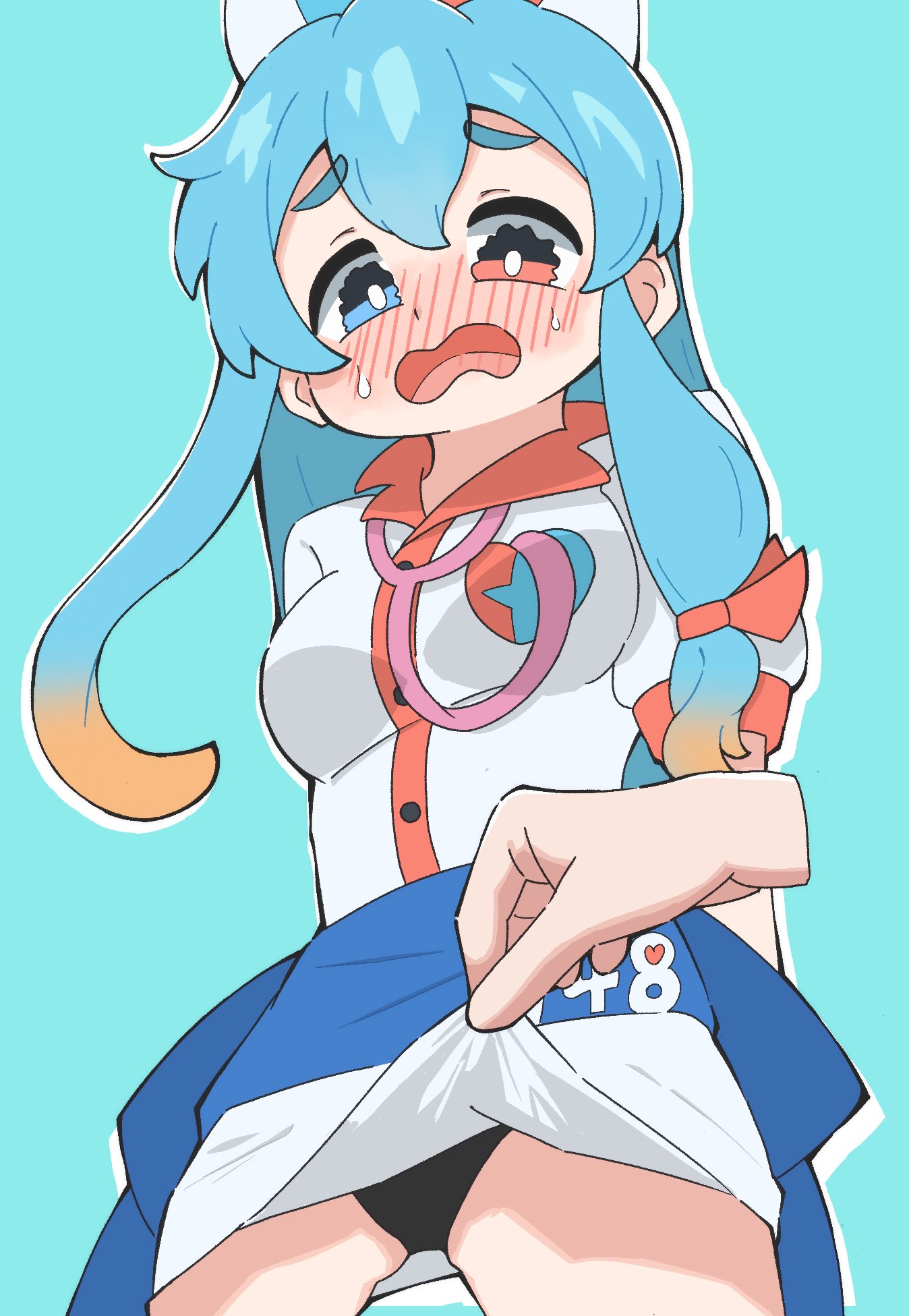 voicevox, commentary request, highres, 1girl, 1other, amehare hau, aqua background, arukudenshi, black panties, blue eyes, blue hair, blue sash, blush, breasts, clothes lift, cowboy shot, disembodied hand, double-parted bangs, dress, dress lift, embarrassed, gradient hair, hat, heterochromia, long hair, looking down, low-tied sidelocks, medium breasts, multicolored hair, number print, nurse, nurse cap, orange hair, outline, panties, puffy short sleeves, puffy sleeves, raised inner eyebrows, red eyes, sash, short sleeves, sidelocks, simple background, stethoscope, sweat, underwear, wavy eyes, wavy mouth, white dress, white outline