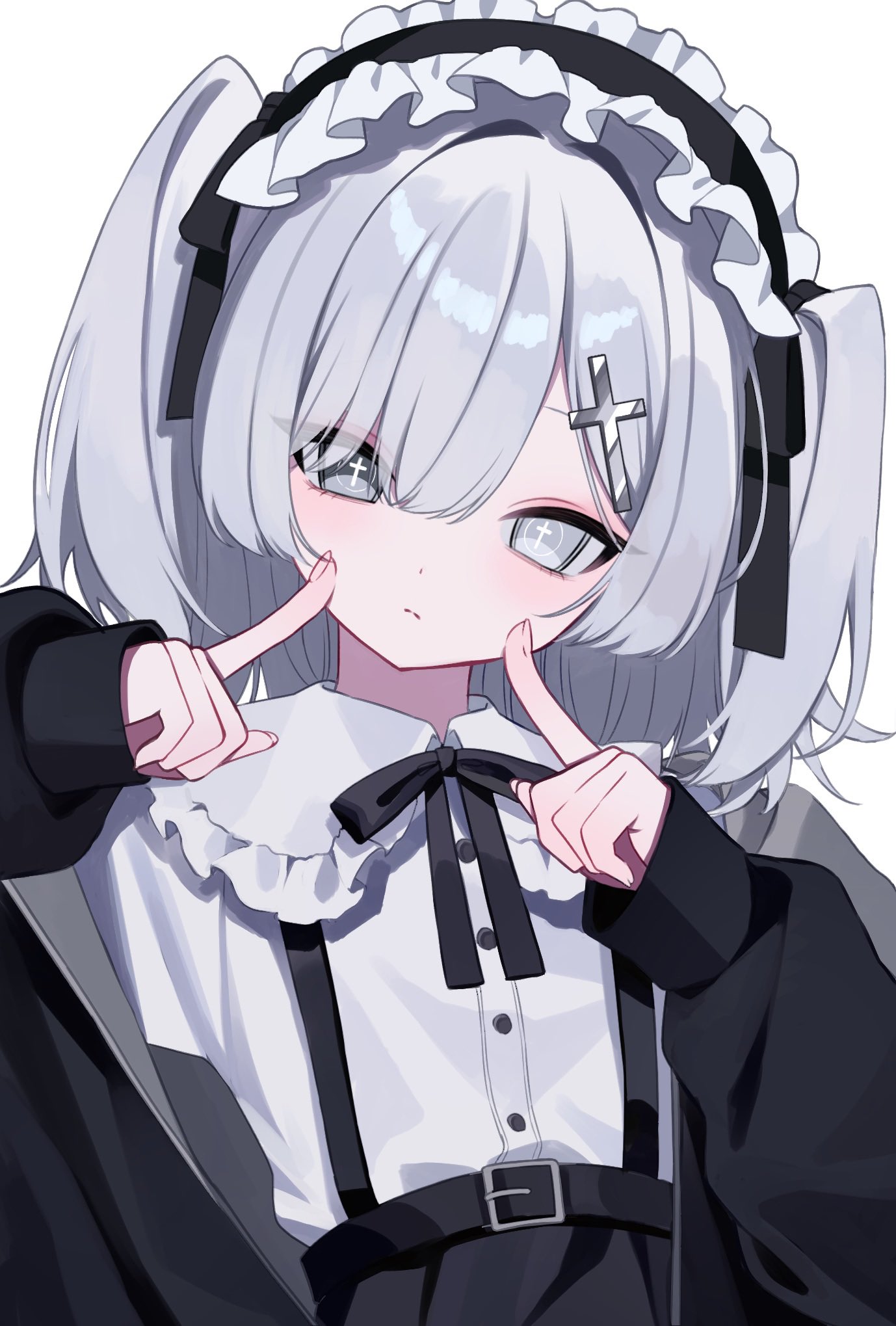 squallea, original, highres, + +, 1girl, black jacket, black ribbon, closed mouth, collared shirt, cross hair ornament, frilled hairband, frills, grey eyes, grey hair, hair ornament, hairband, jacket, long sleeves, looking at viewer, neck ribbon, ribbon, shirt, simple background, solo, suspenders, symbol-shaped pupils, two side up, upper body, white background, white shirt