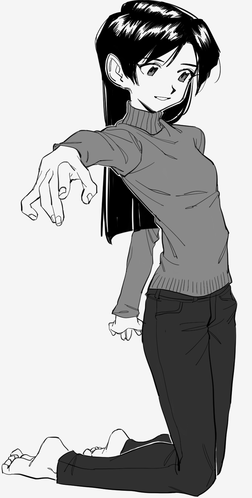roivas, kisaragi chihaya, idolmaster, idolmaster (classic), highres, 1girl, barefoot, blunt ends, breasts, feet, full body, greyscale, grin, kneehighs, long hair, monochrome, outstretched arm, pants, simple background, small breasts, smile, socks, solo, sweater, turtleneck, turtleneck sweater, white background