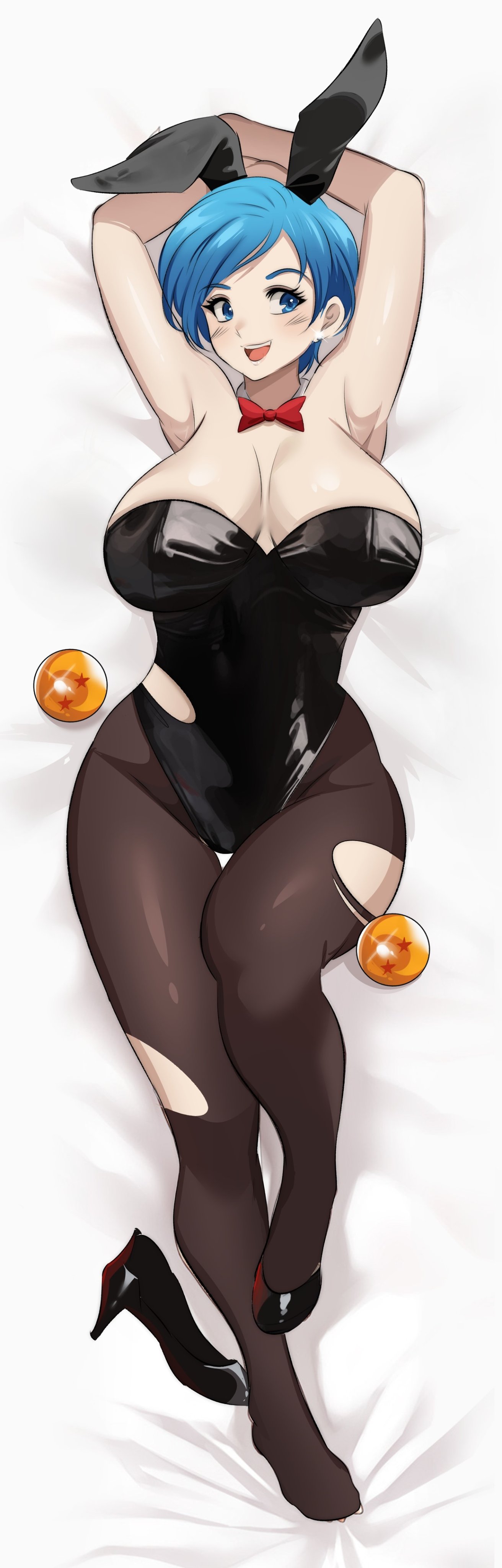 zuyu (zuyuzuyu6), bulma, dragon ball, absurdres, commission, highres, animal ears, arms up, black leotard, black pantyhose, blue eyes, blue hair, bow, bowtie, breasts, curvy, dragon ball (object), fake animal ears, large breasts, leotard, lying, on back, pantyhose, playboy bunny, rabbit, red bow, red bowtie, short hair, smile, strapless, strapless leotard