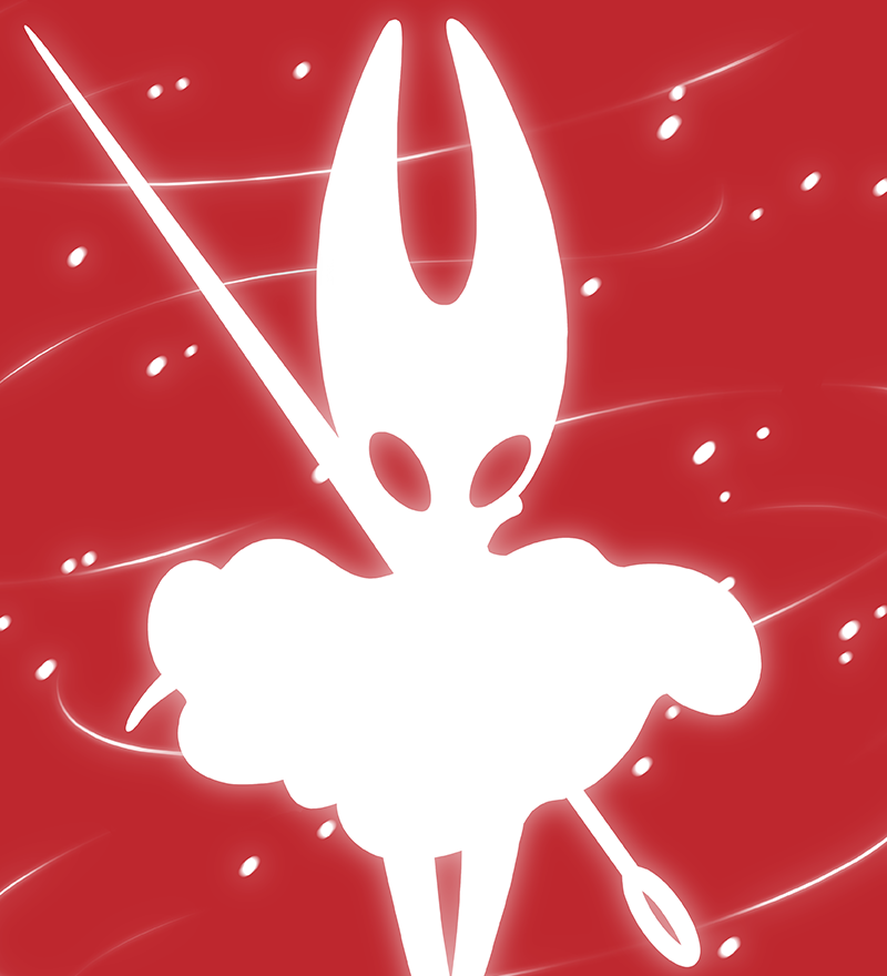 hornet (hollow knight), hollow knight, hollow knight: silksong, official art, 1girl, ari gibson, full body, needle, needle (hollow knight), red background, silhouette, simple background, string, thread, weapon