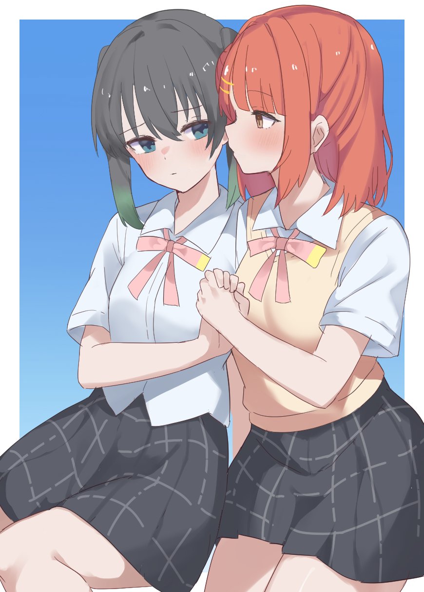 soyo1558686, takasaki yu, uehara ayumu, love live!, love live! nijigasaki high school idol club, commentary, highres, 2girls, black hair, black skirt, blue background, blue eyes, border, breasts, brown eyes, collared shirt, dress shirt, eye contact, gradient background, green hair, hair ornament, hairclip, half updo, holding hands, looking at another, medium breasts, medium hair, miniskirt, multiple girls, neck ribbon, nijigasaki school uniform, orange hair, outside border, parallel hairclips, pink ribbon, plaid clothes, plaid skirt, pleated skirt, ribbon, school uniform, shirt, simple background, sitting, skirt, summer uniform, sweater vest, twintails, white border, white shirt, yellow sweater vest, yuri