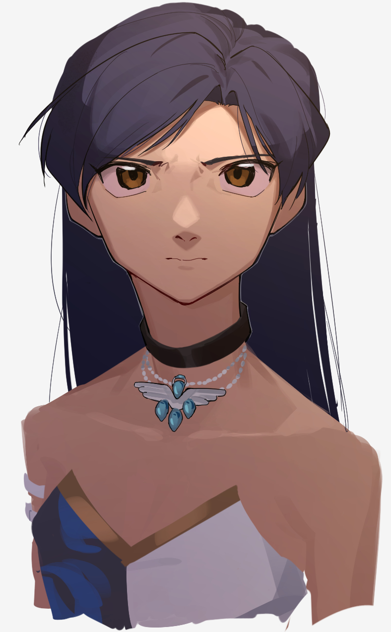 roivas, kisaragi chihaya, idolmaster, idolmaster (classic), idolmaster 1, highres, 1girl, bare shoulders, black choker, blue hair, brown eyes, choker, closed mouth, collarbone, cool & sexy (idolmaster), cropped torso, flat chest, indigo spangle (idolmaster), jewelry, long hair, looking at viewer, necklace, official alternate costume, serious, simple background, solo, upper body, white background