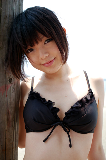 namada, photo (medium), tagme, 1girl, asian, bikini, black bikini, breasts, female focus, looking at viewer, mole, small breasts, smile, solo, swimsuit
