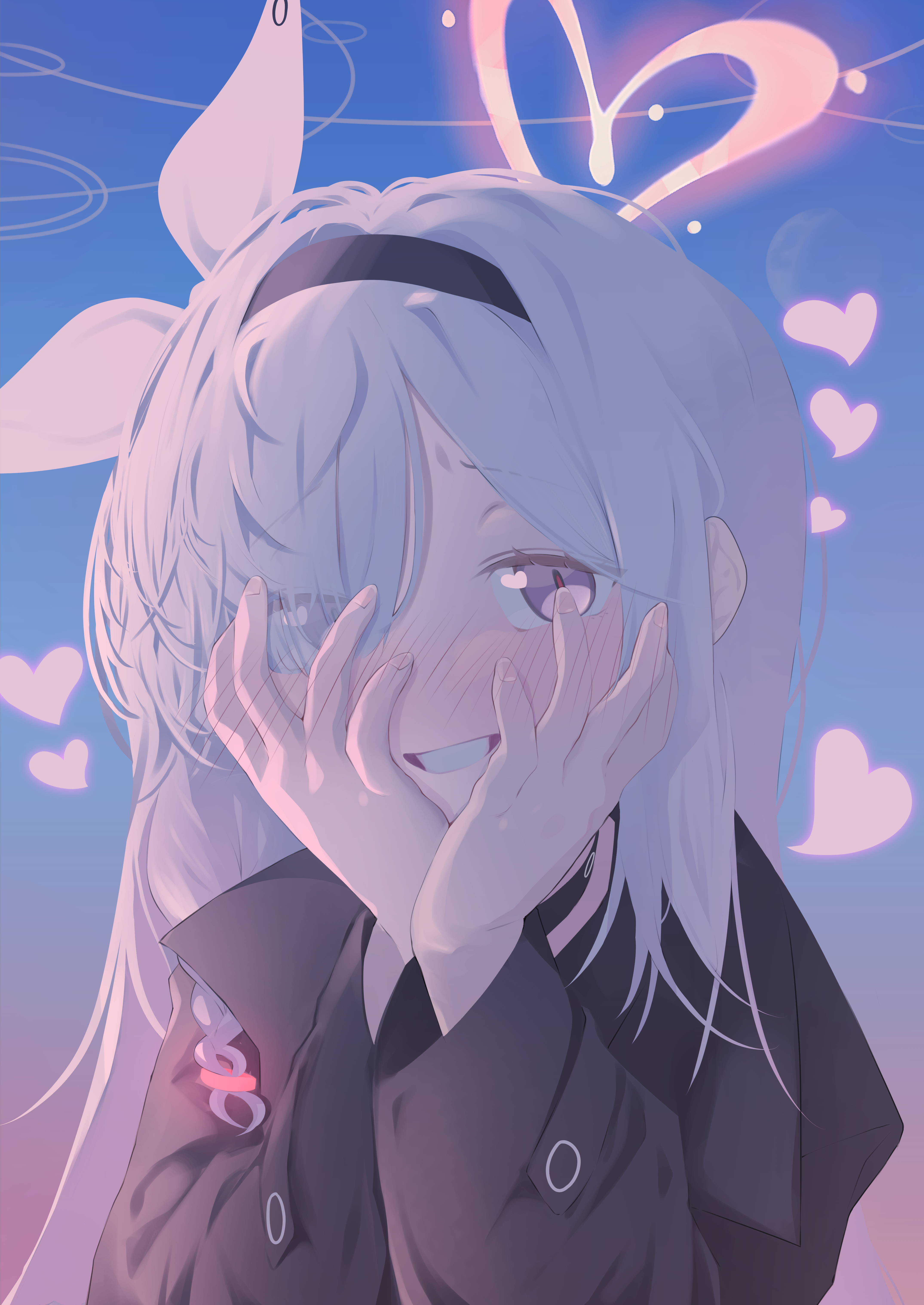 sharp to sharp, plana (blue archive), blue archive, absurdres, commentary, highres, symbol-only commentary, 1girl, black coat, black hairband, blush, braid, coat, eyes visible through hair, grey hair, hair over one eye, hairband, halo, hands on own cheeks, hands on own face, heart, heart halo, long hair, looking at viewer, outdoors, single braid, smile, solo, straight hair, very long hair