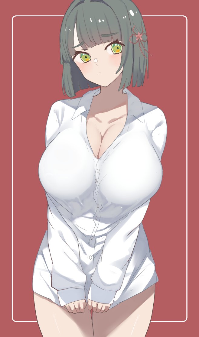 soyo1558686, momose ginko, link! like! love live!, love live!, commentary, 1girl, alternate breast size (larger), alternate costume, averting eyes, black hair, blunt bangs, blunt ends, bob cut, breasts, cleavage, collarbone, collared shirt, cowboy shot, dress shirt, flower, flower knot, green eyes, green hair, hair flower, hair ornament, huge breasts, long sleeves, looking to the side, naked shirt, pink flower, red background, shirt, shirt tug, short hair, simple background, sleeves past wrists, solo, standing, v arms, virtual youtuber, white shirt