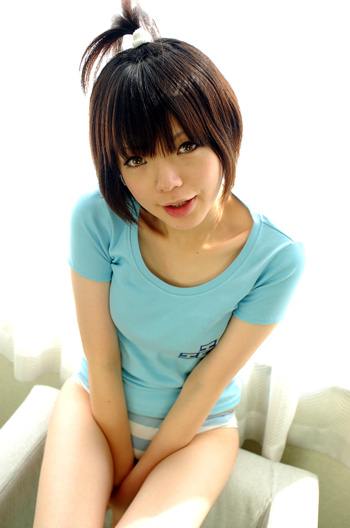 namada, real life, character request, cosplay request, photo (medium), 1girl, asian, breasts, chair, curtains, dutch angle, female focus, hands between legs, head tilt, indoors, light smile, looking at viewer, panties, shirt, short hair, sitting, small breasts, solo, striped clothes, striped panties, t-shirt, thighhighs, topknot, underwear, v arms