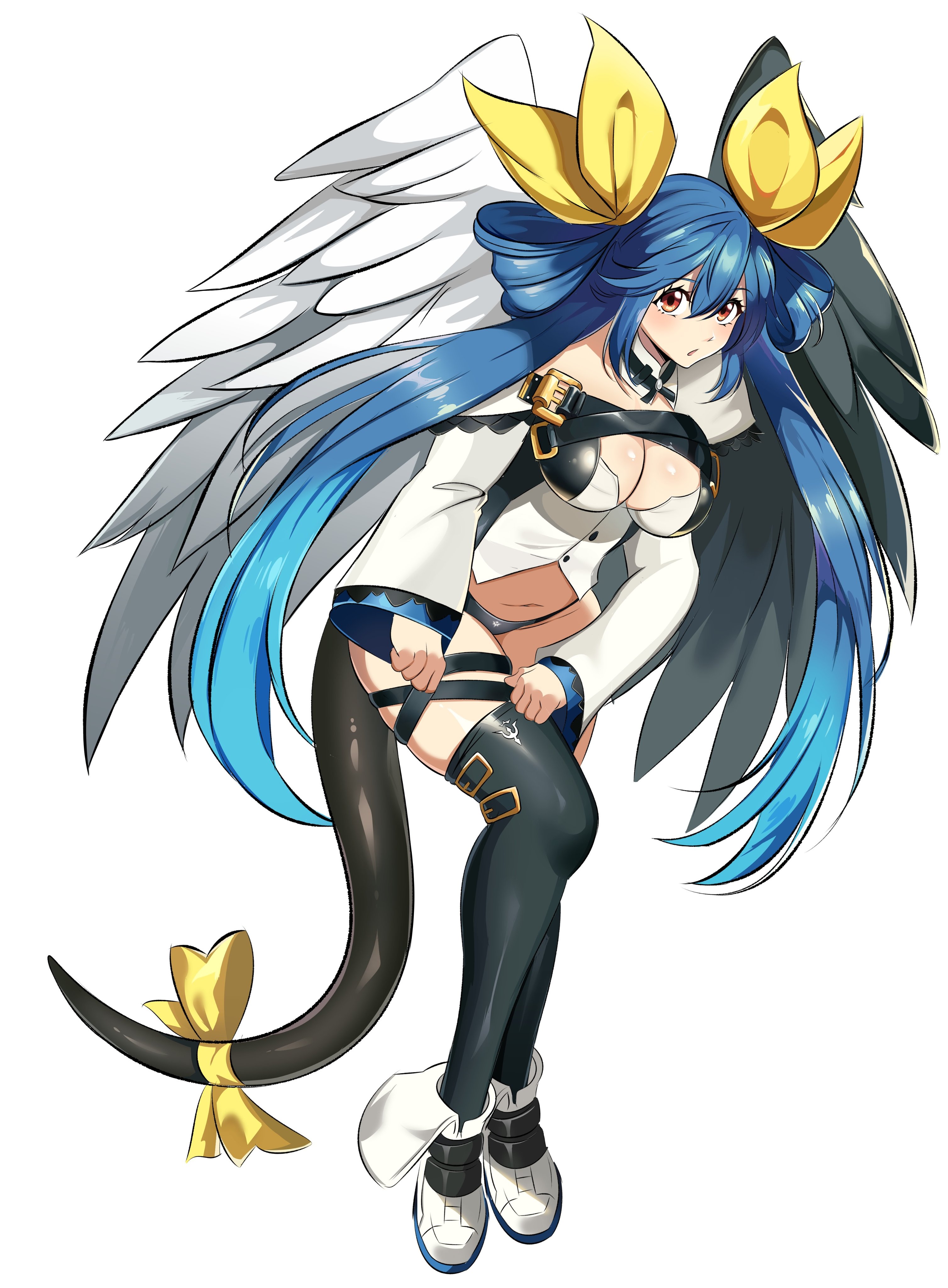 zuyu (zuyuzuyu6), dizzy (guilty gear), guilty gear, guilty gear xrd, absurdres, highres, 1girl, adjusting clothes, asymmetrical wings, black panties, black thighhighs, black wings, blue hair, breasts, cleavage, feathered wings, hair ribbon, hair rings, large breasts, long hair, looking at viewer, panties, red eyes, ribbon, shirt, shoes, simple background, solo, tail, tail ornament, tail ribbon, thighhighs, twintails, underwear, white background, white shirt, white shoes, white wings, wings, yellow ribbon