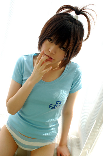 namada, real life, character request, cosplay request, photo (medium), tagme, 1girl, asian, breasts, chair, curtains, dutch angle, female focus, finger in own mouth, hands between legs, head tilt, indoors, light smile, looking at viewer, panties, shirt, short hair, sitting, small breasts, solo, striped clothes, striped panties, t-shirt, topknot, underwear, v arms
