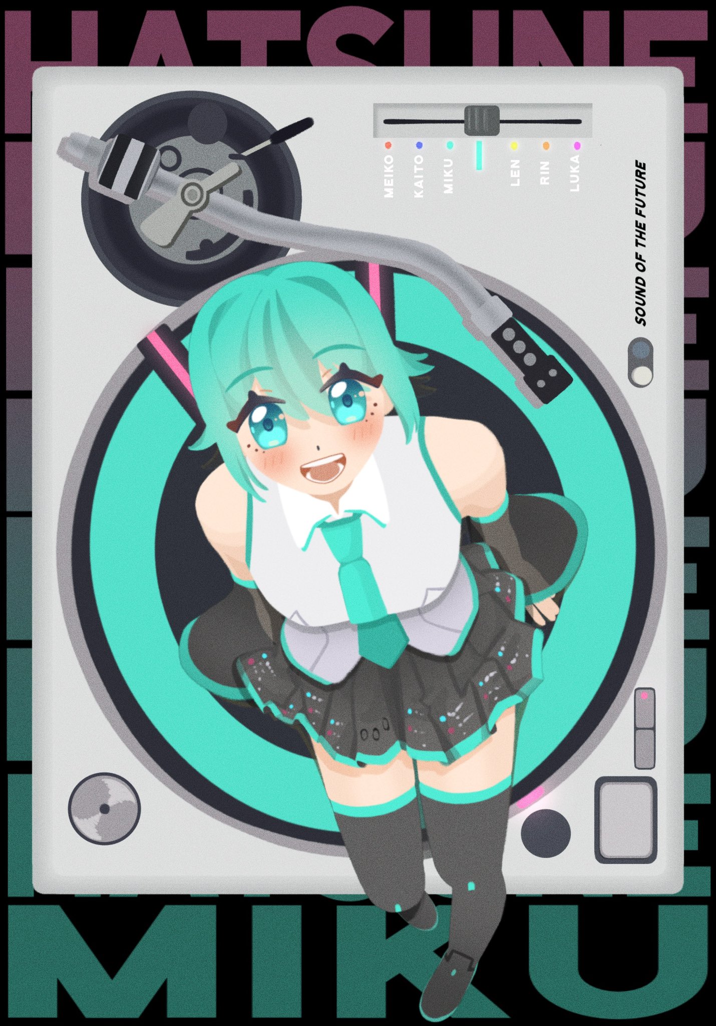peedee (pidi), hatsune miku, vocaloid, commentary, highres, symbol-only commentary, 1girl, :d, aqua eyes, aqua hair, aqua necktie, black shoes, black skirt, black sleeves, blush, boots, breasts, character name, collared shirt, detached sleeves, english text, long sleeves, looking at viewer, necktie, open mouth, phonograph, pleated skirt, shirt, shoes, sitting, skirt, sleeveless, sleeveless shirt, smile, solo, teeth, thigh boots, tongue, turntable, white shirt