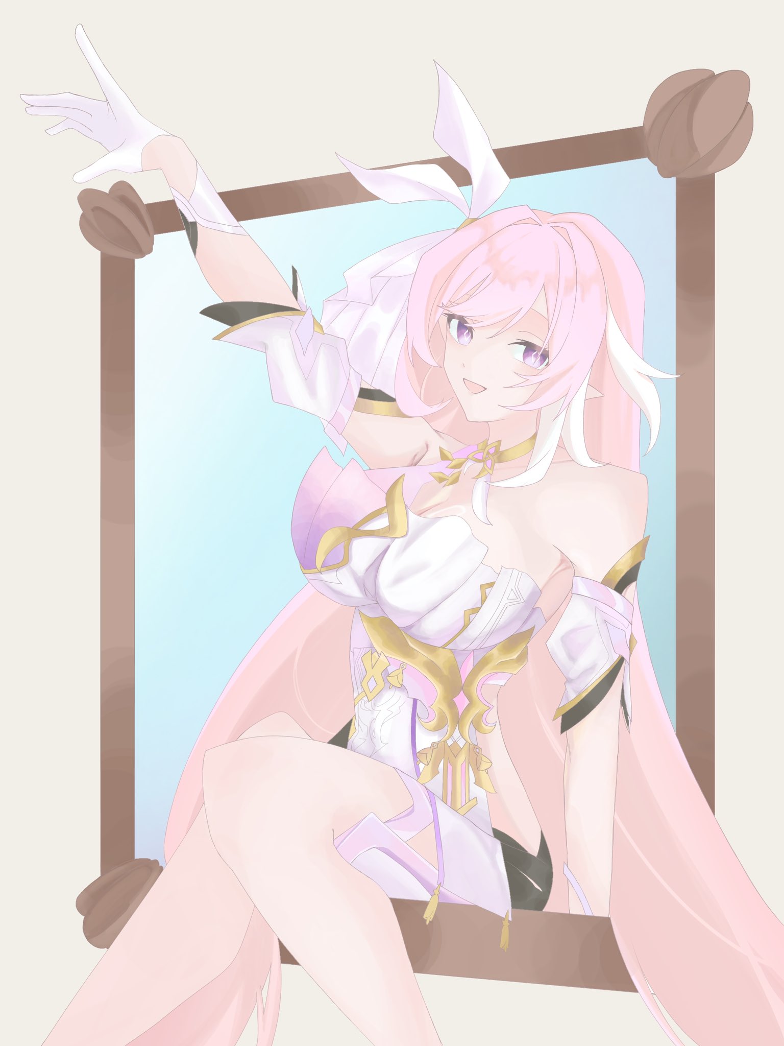 m3enjrveef5ekwt, elysia (herrscher of human: ego) (honkai impact), elysia (honkai impact), honkai (series), honkai impact 3rd, commentary request, highres, 1girl, black shorts, breasts, corset, diamond-shaped pupils, diamond (shape), elf, empty picture frame, gloves, hair ornament, large breasts, long hair, multicolored hair, open mouth, picture frame, pink hair, pointy ears, purple eyes, shorts, sitting, solo, symbol-shaped pupils, two-tone hair, very long hair, white corset, white gloves, white hair